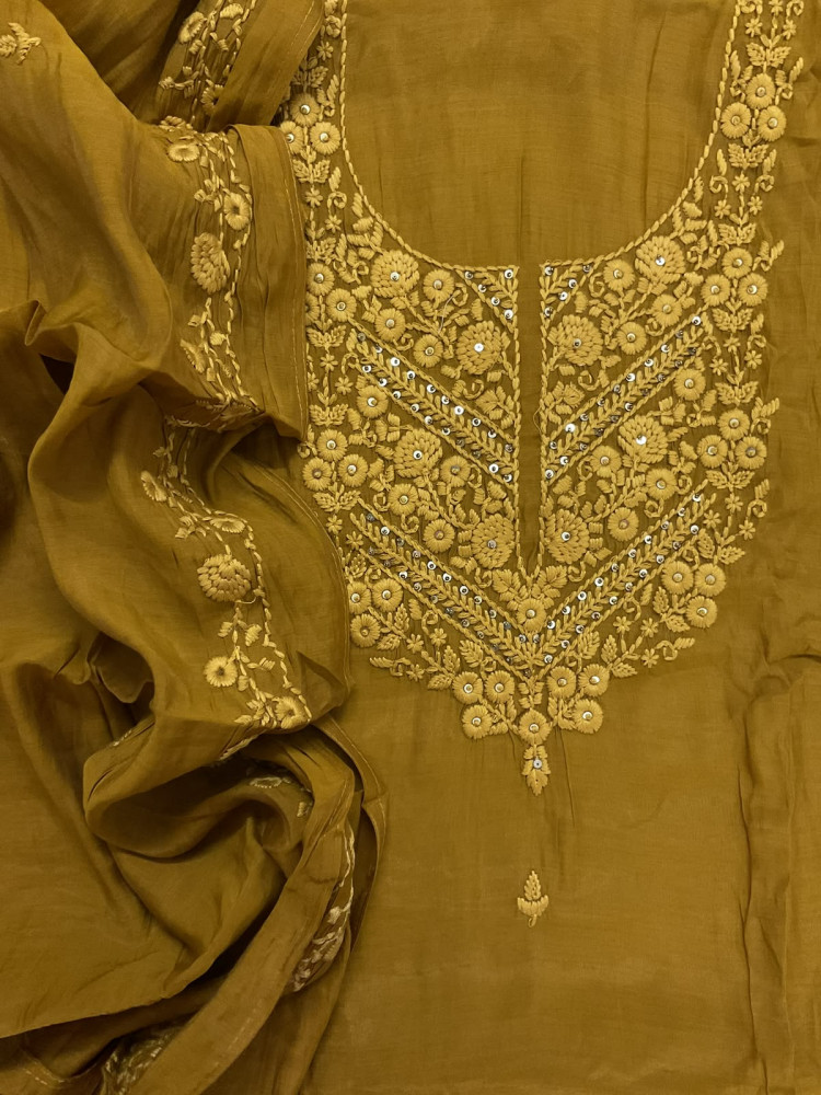 Image of Soft Muslin Embroidered Suit - Dark Mustard