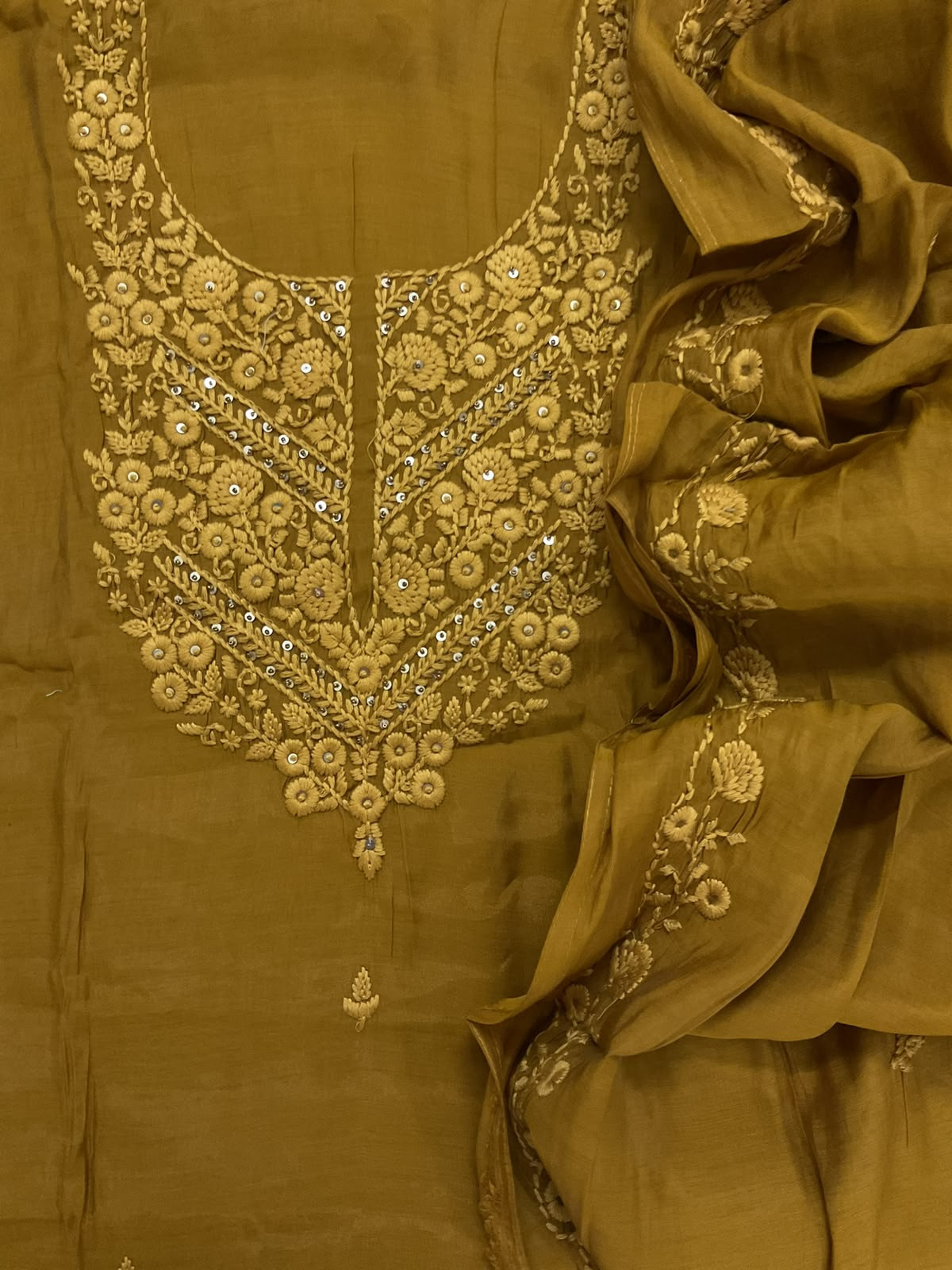 Soft Muslin Embroidered Suit - Dark Mustard
