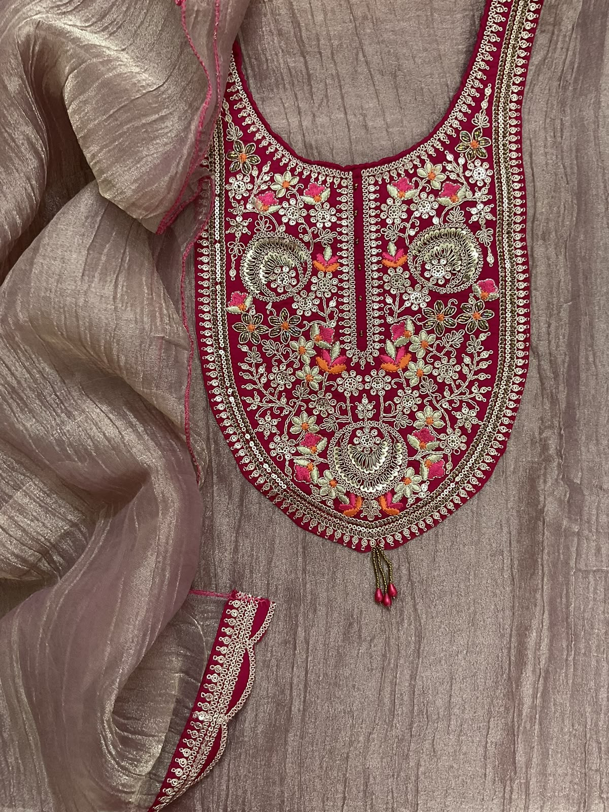 Soft Crushed Tissue Embroidered Suit - Pink
