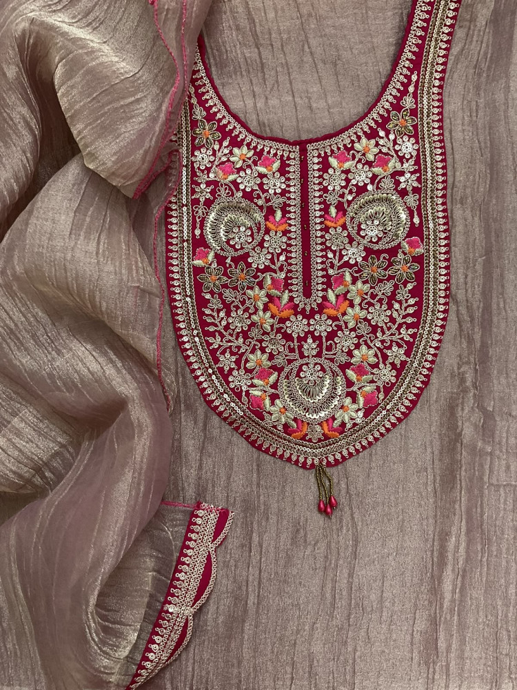Image of Soft Crushed Tissue Embroidered Suit - Pink