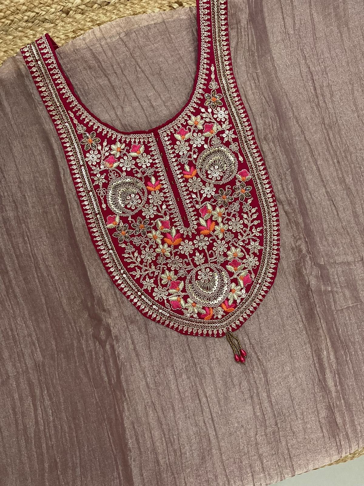Soft Crushed Tissue Embroidered Suit - Pink