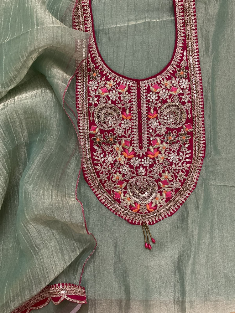 Image of Soft Crushed Tissue Embroidered Suit - Green