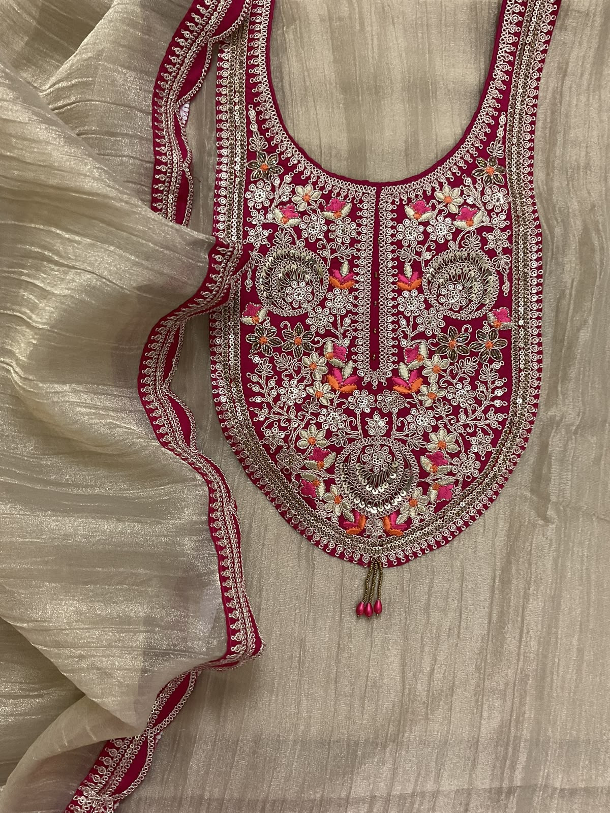 Soft Crushed Tissue Embroidered Suit - Beige
