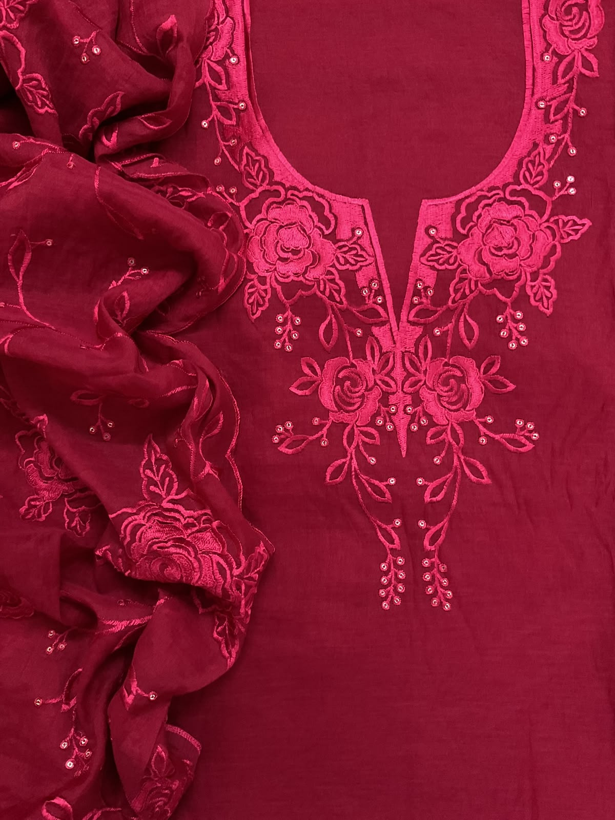Soft Chanderi Embroidered Suit - Red