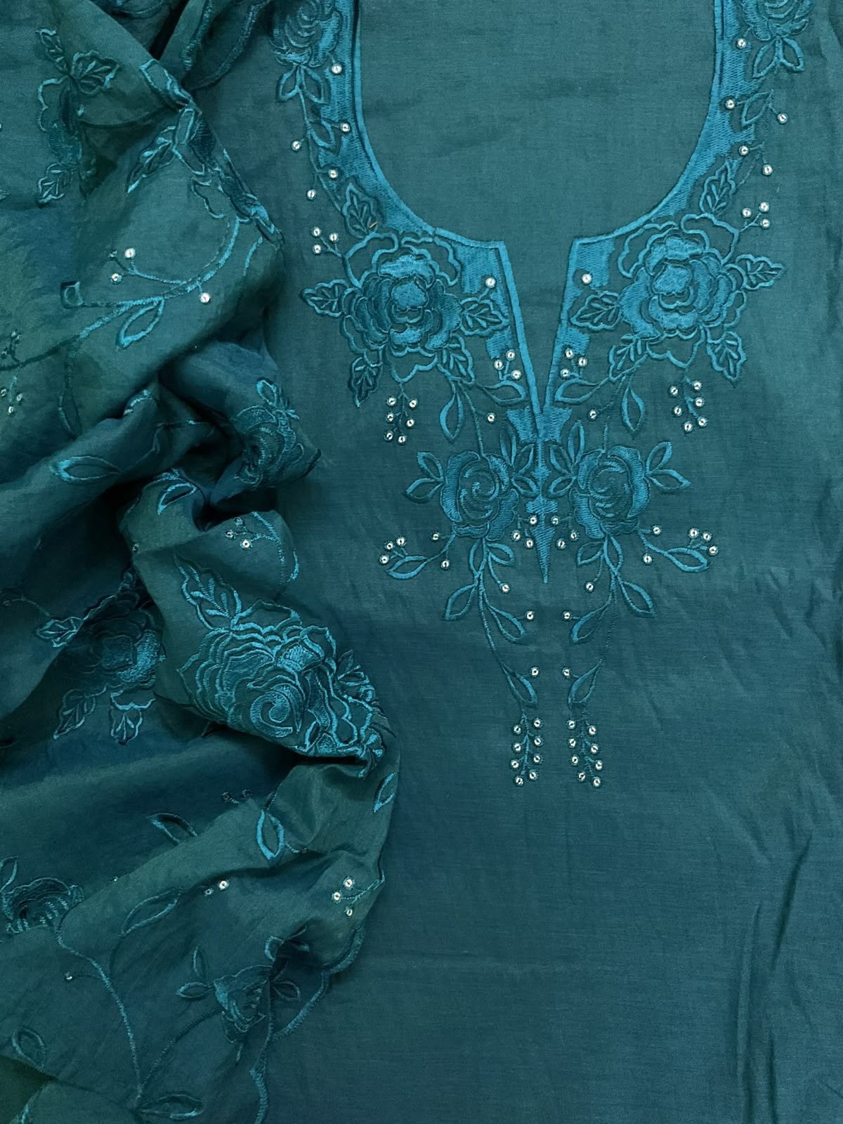 Soft Chanderi Embroidered Suit - Peacock Blue