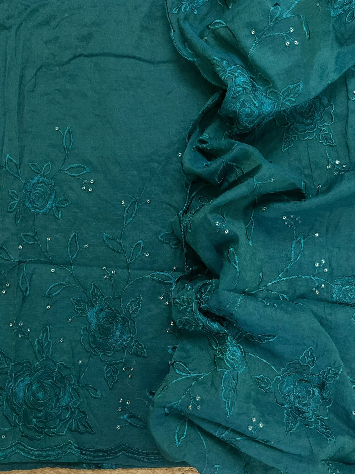 Soft Chanderi Embroidered Suit - Peacock Blue