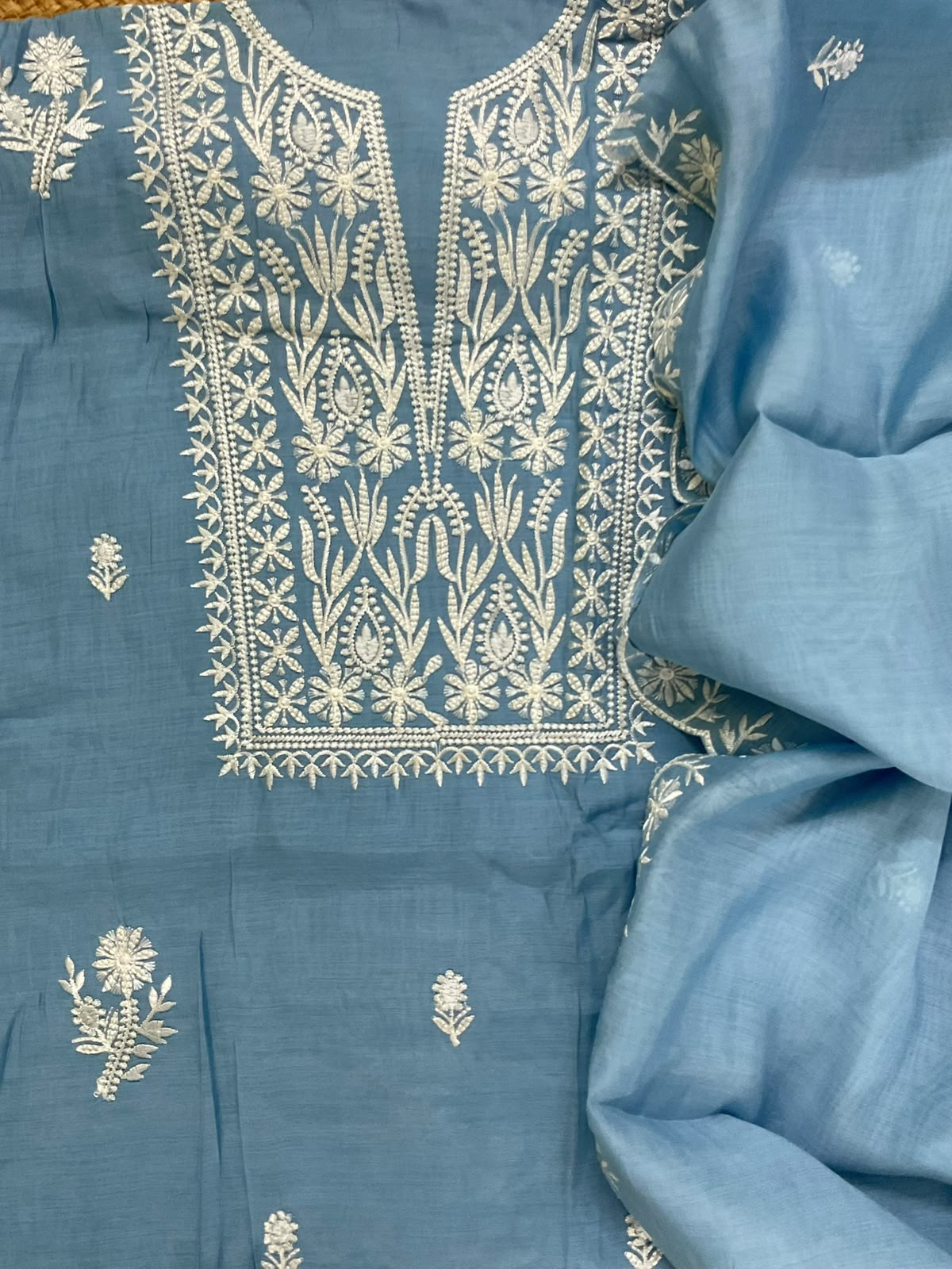 Soft Muslin Embroidered Suit - Blue