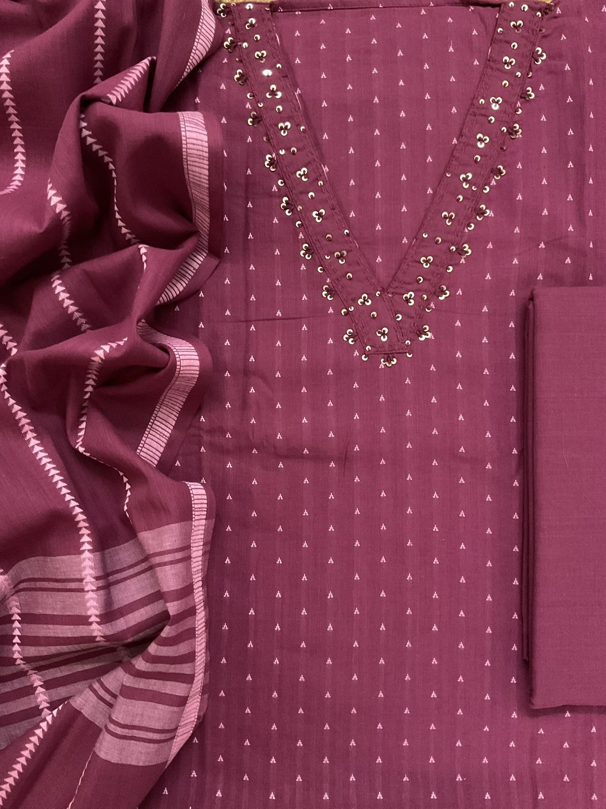 Pure Handloom Cotton Self Weaved Embroidered Suit - Wine