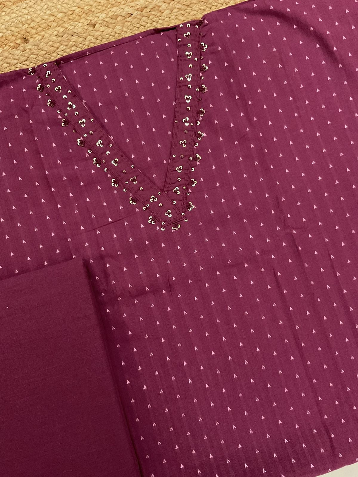 Pure Handloom Cotton Self Weaved Embroidered Suit - Wine