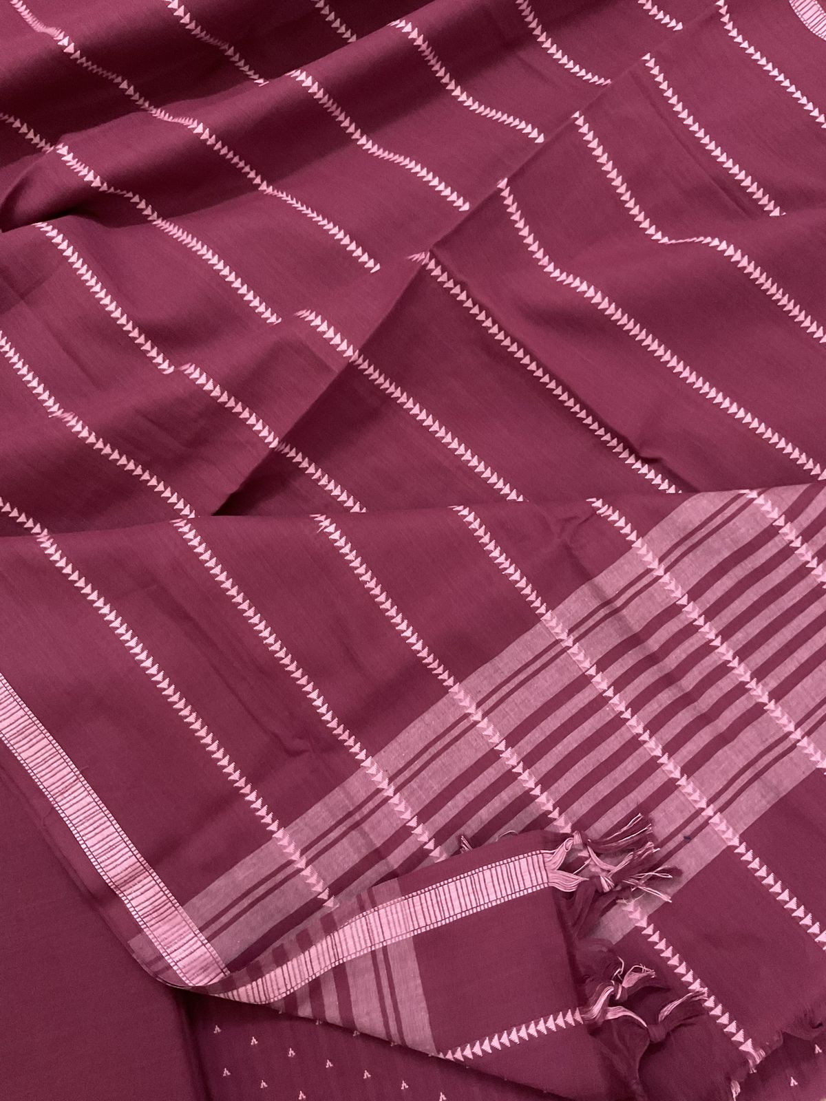 Pure Handloom Cotton Self Weaved Embroidered Suit - Wine