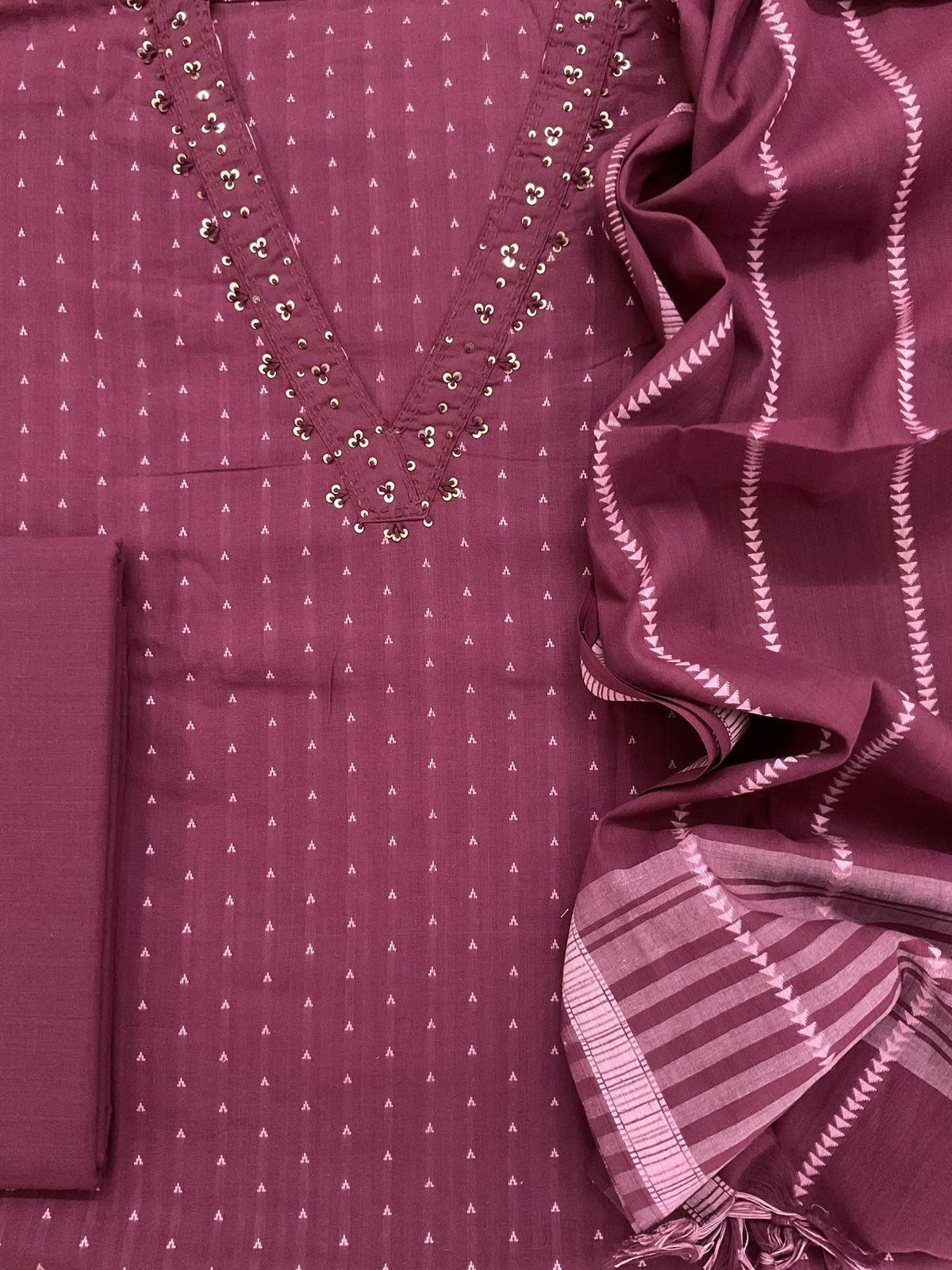 Pure Handloom Cotton Self Weaved Embroidered Suit - Wine