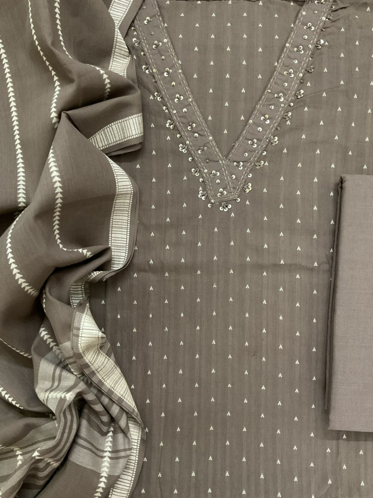 Image of Pure Handloom Cotton Self Weaved Embroidered Suit - Greyish Beige