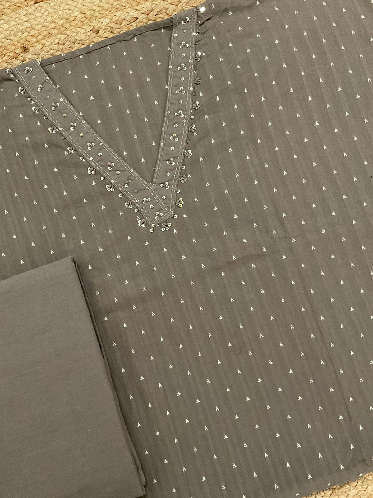 Pure Handloom Cotton Self Weaved Embroidered Suit - Greyish Beige