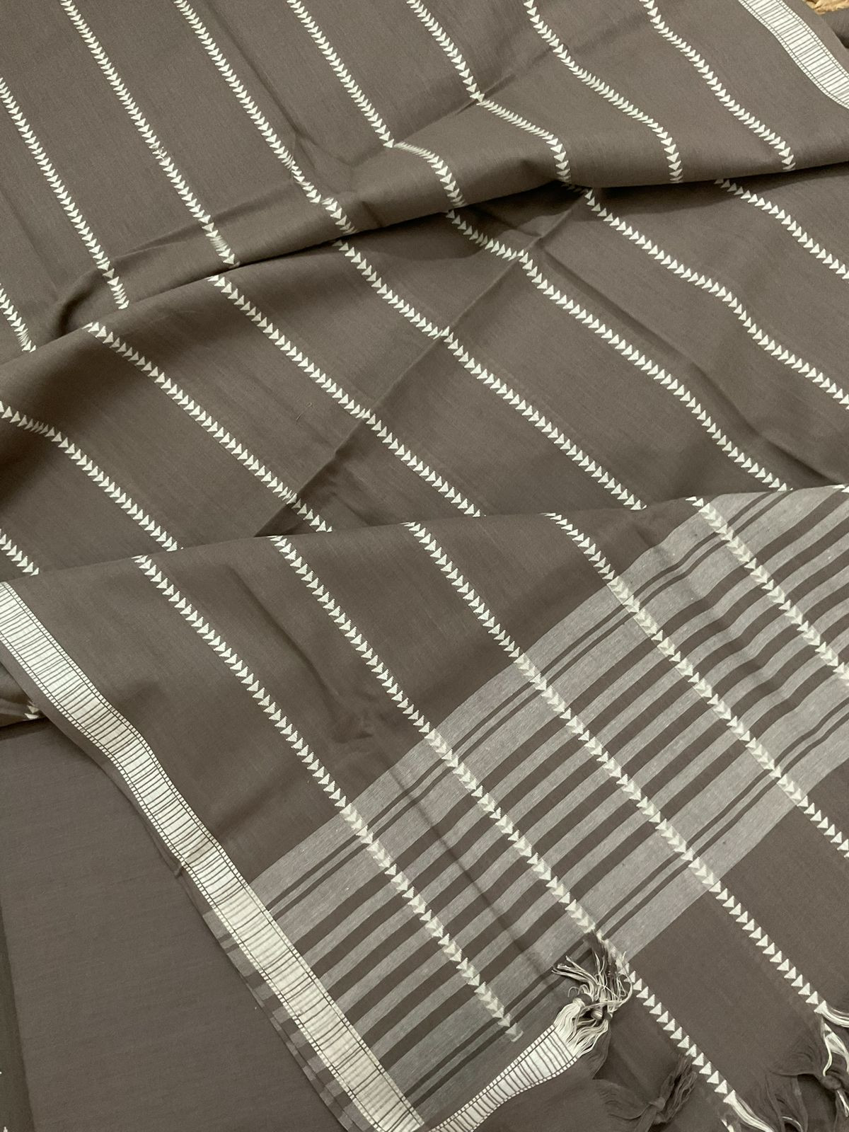 Pure Handloom Cotton Self Weaved Embroidered Suit - Greyish Beige