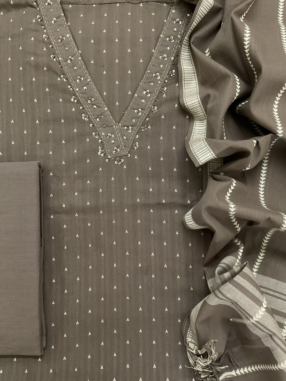 Pure Handloom Cotton Self Weaved Embroidered Suit - Greyish Beige