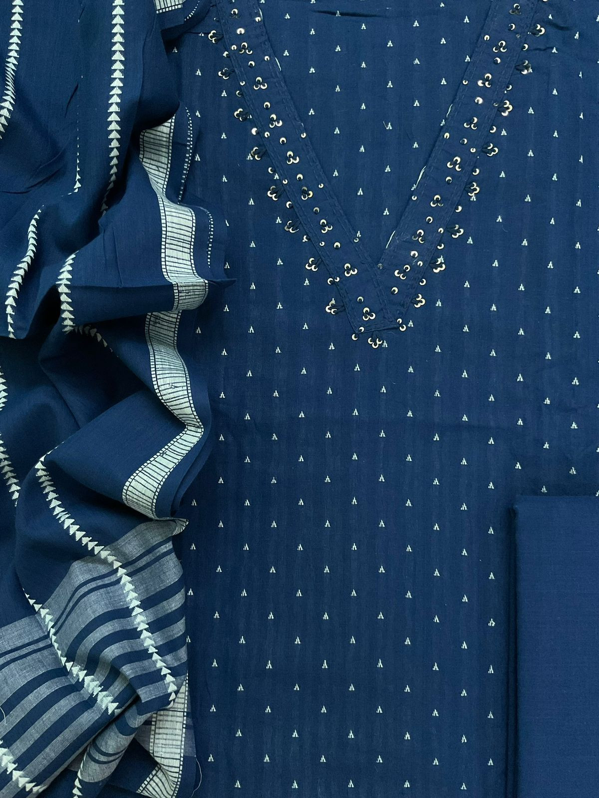 Pure Handloom Cotton Self Weaved Embroidered Suit - Blue