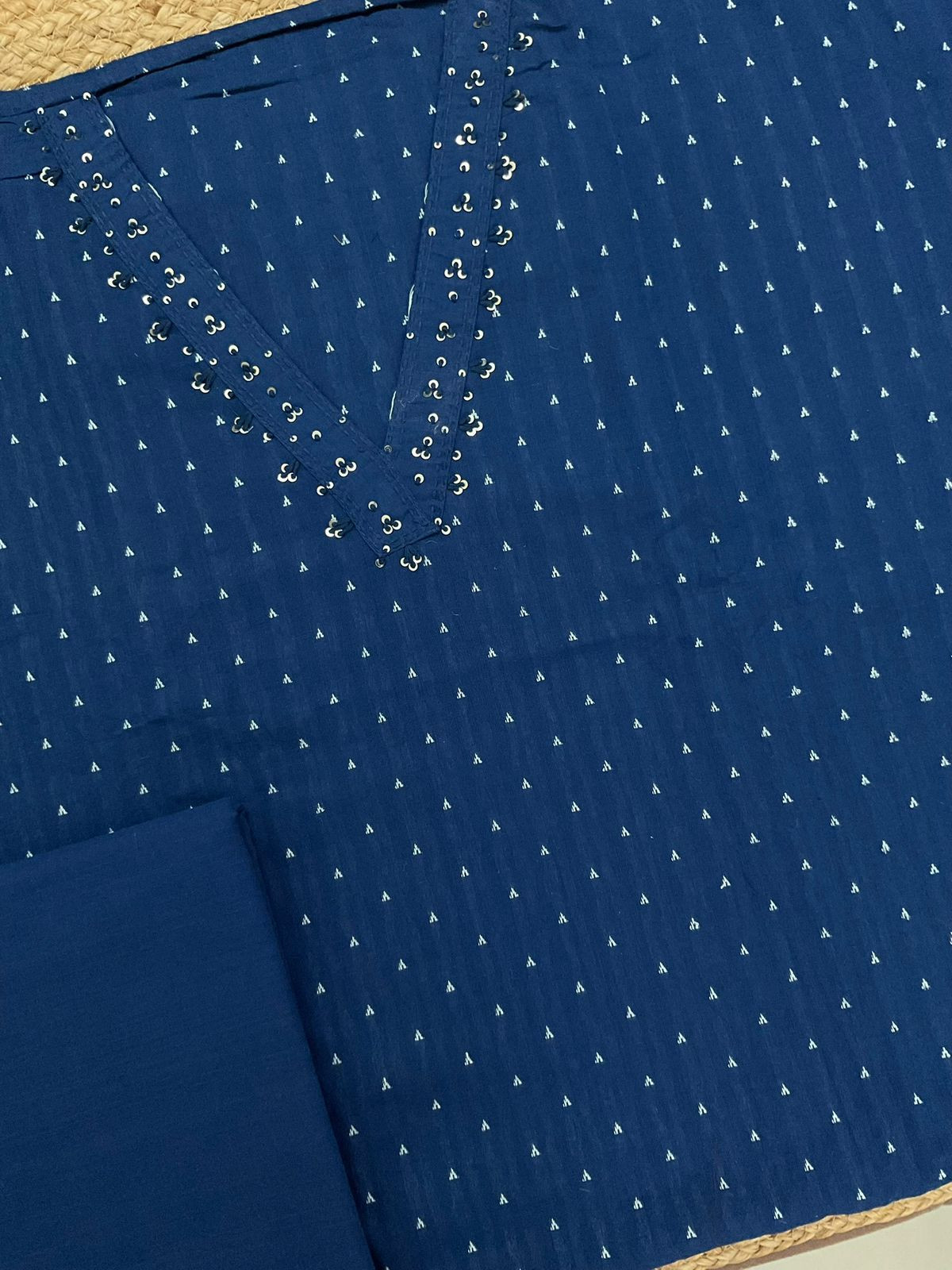 Pure Handloom Cotton Self Weaved Embroidered Suit - Blue