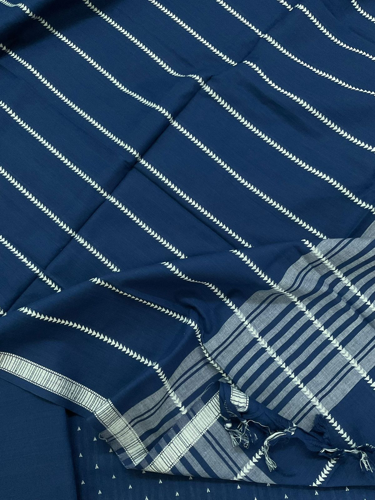 Pure Handloom Cotton Self Weaved Embroidered Suit - Blue