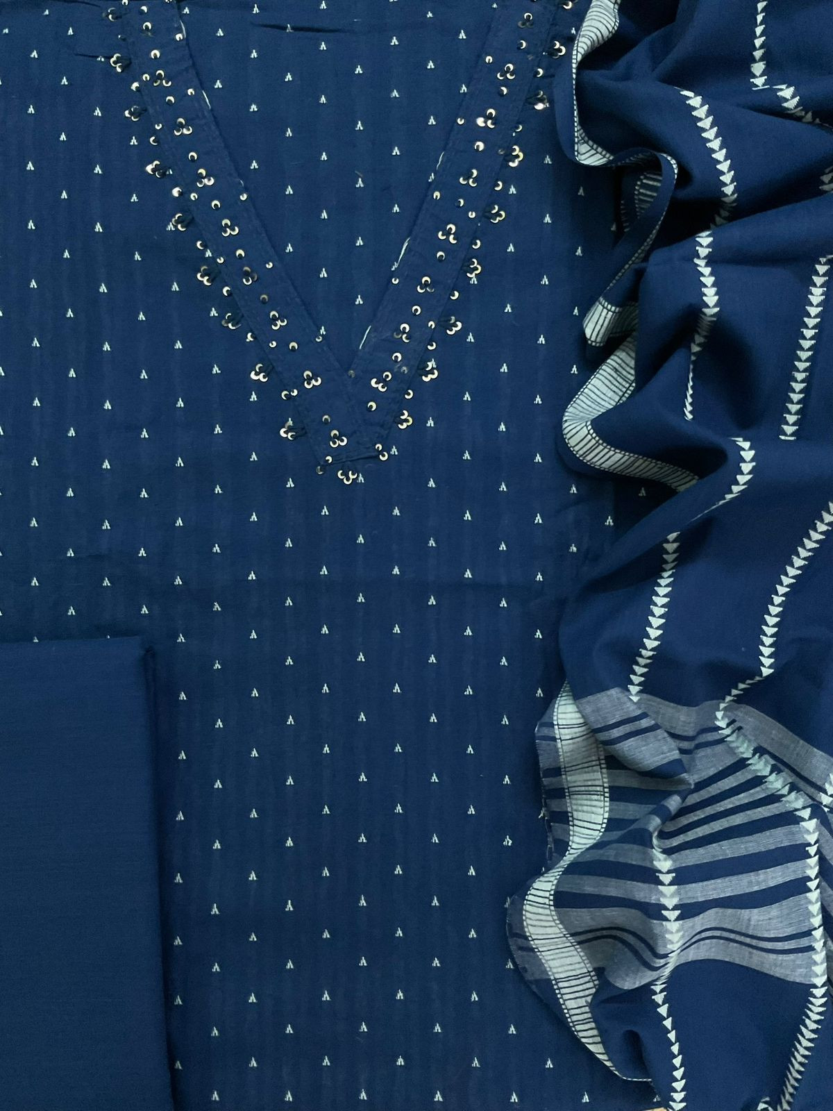 Pure Handloom Cotton Self Weaved Embroidered Suit - Blue