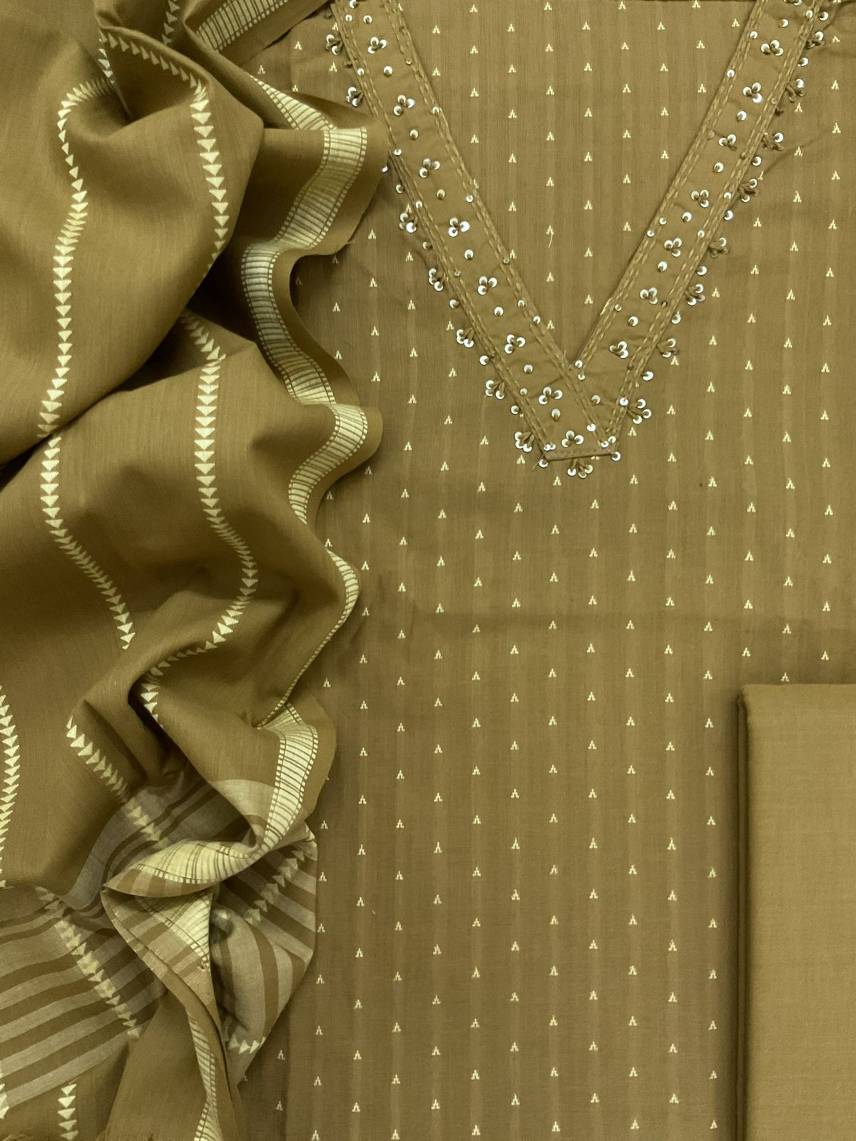 Pure Handloom Cotton Self Weaved Embroidered Suit - Mustard