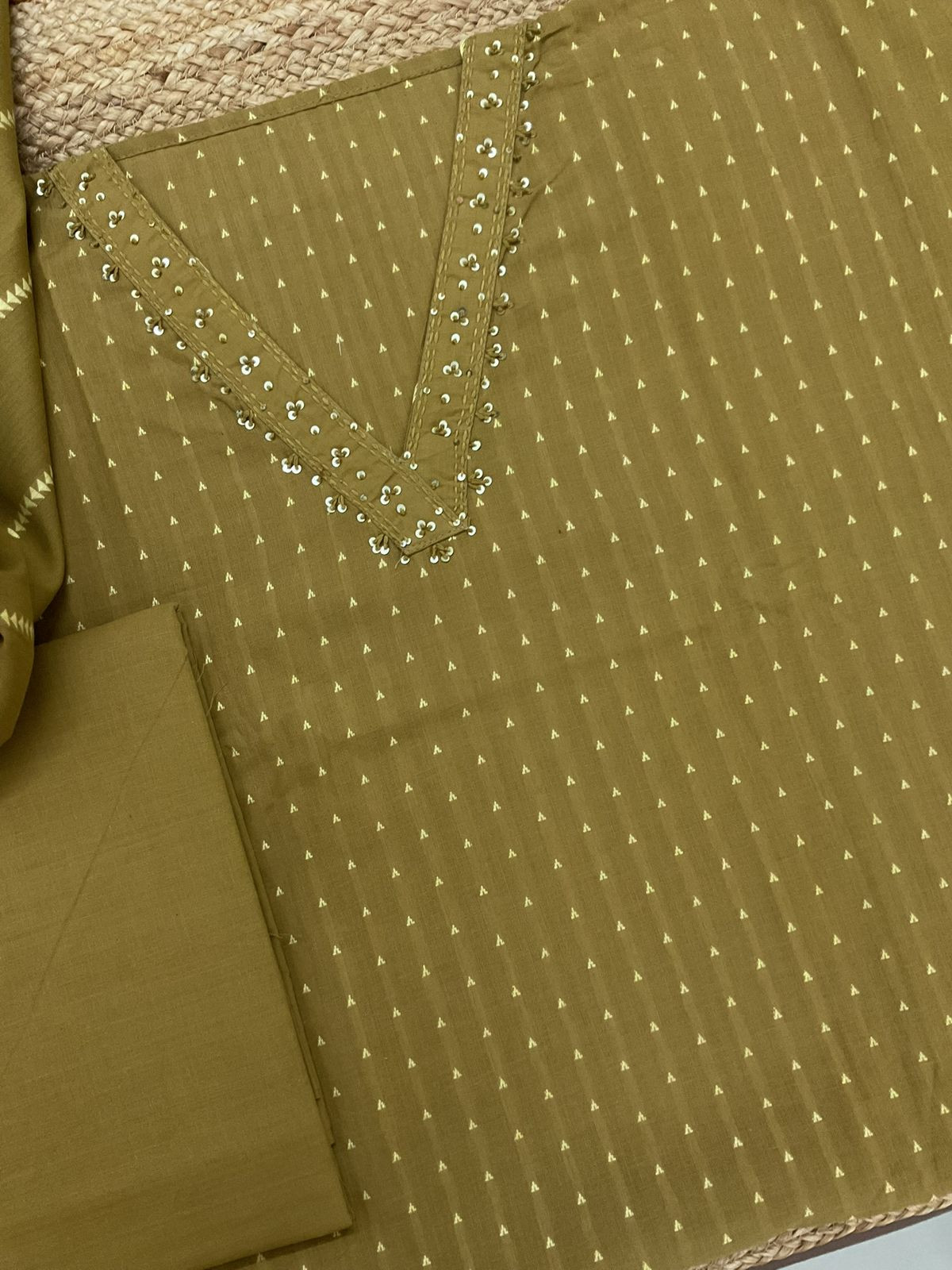 Pure Handloom Cotton Self Weaved Embroidered Suit - Mustard