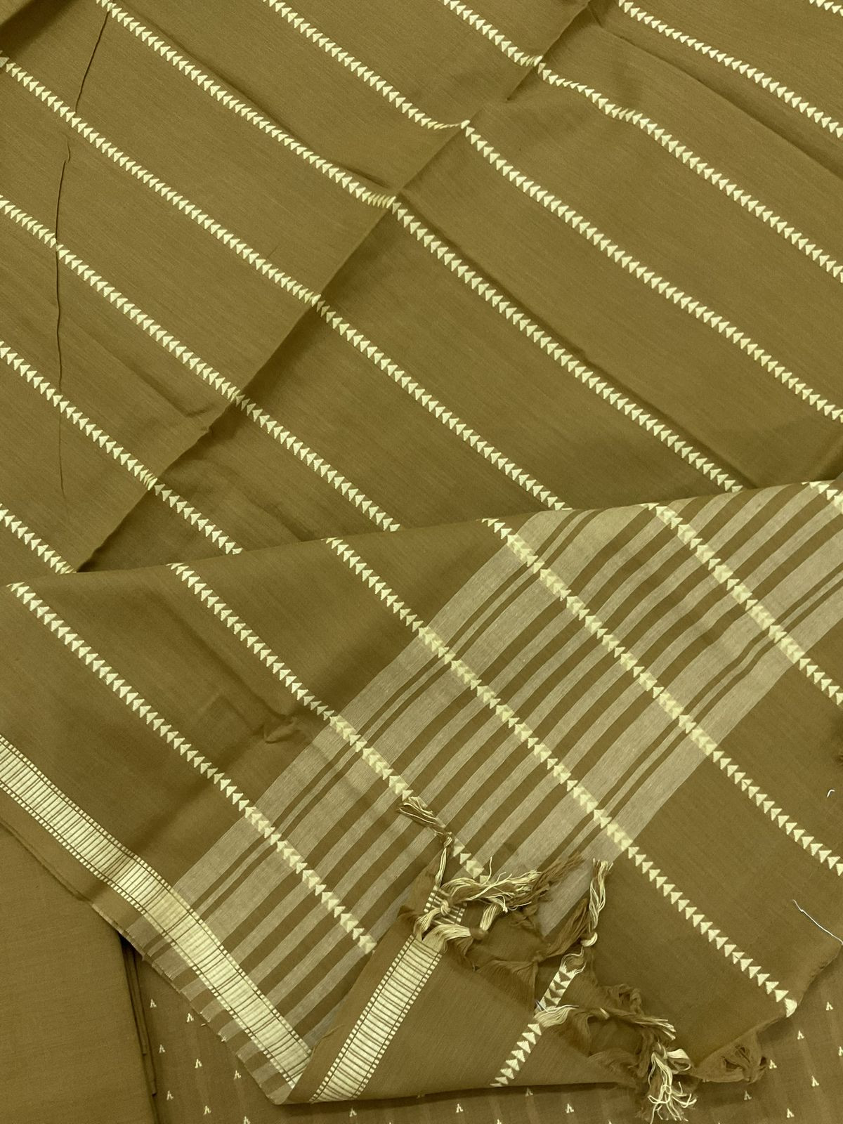 Pure Handloom Cotton Self Weaved Embroidered Suit - Mustard