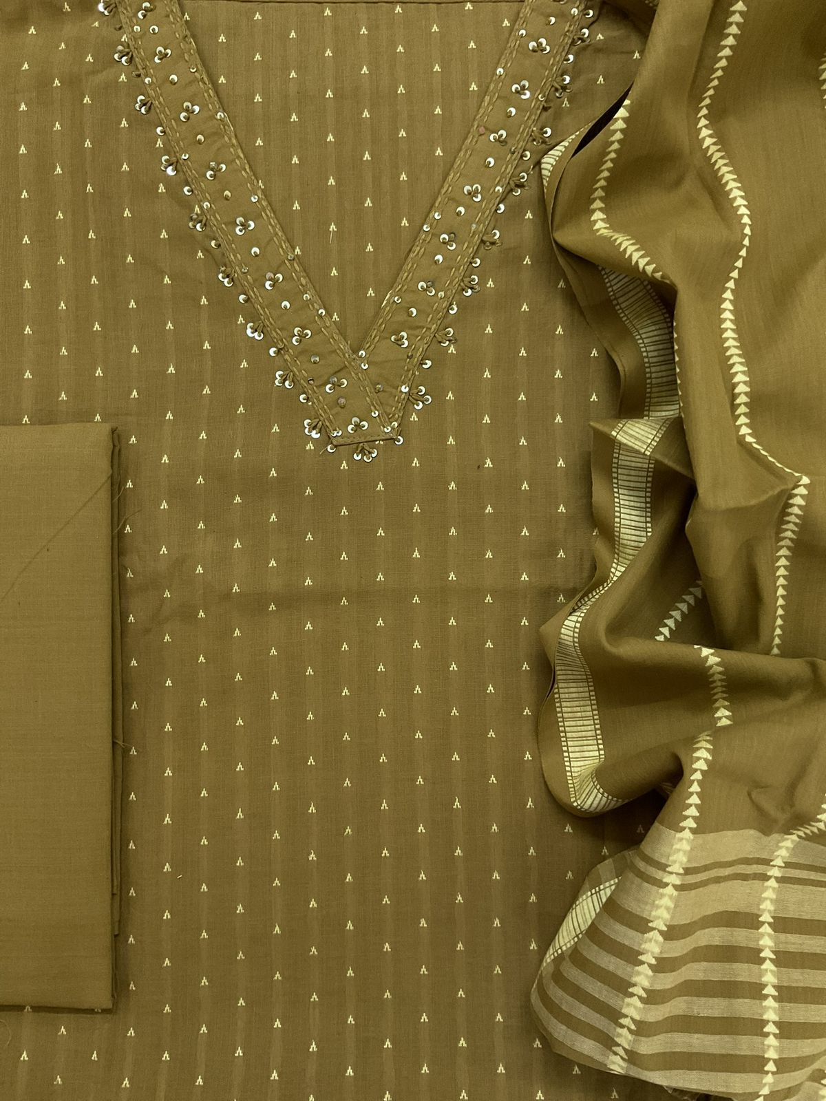 Pure Handloom Cotton Self Weaved Embroidered Suit - Mustard