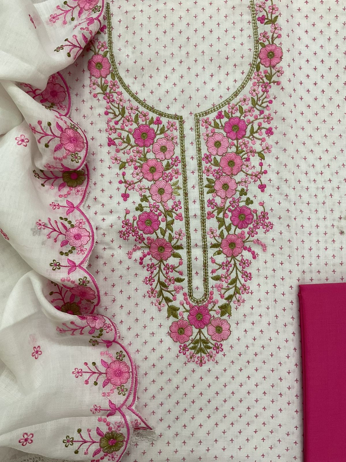 Soft Linen Jute Cotton Printed Embroidered Suit - White