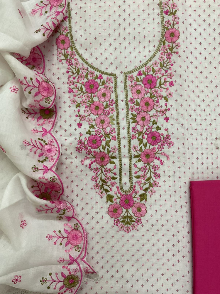 Image of Soft Linen Jute Cotton Printed Embroidered Suit - White