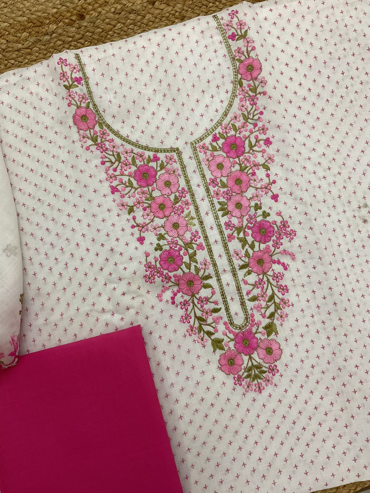 Soft Linen Jute Cotton Printed Embroidered Suit - White