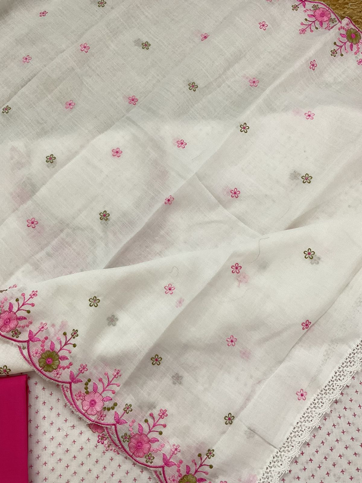 Soft Linen Jute Cotton Printed Embroidered Suit - White