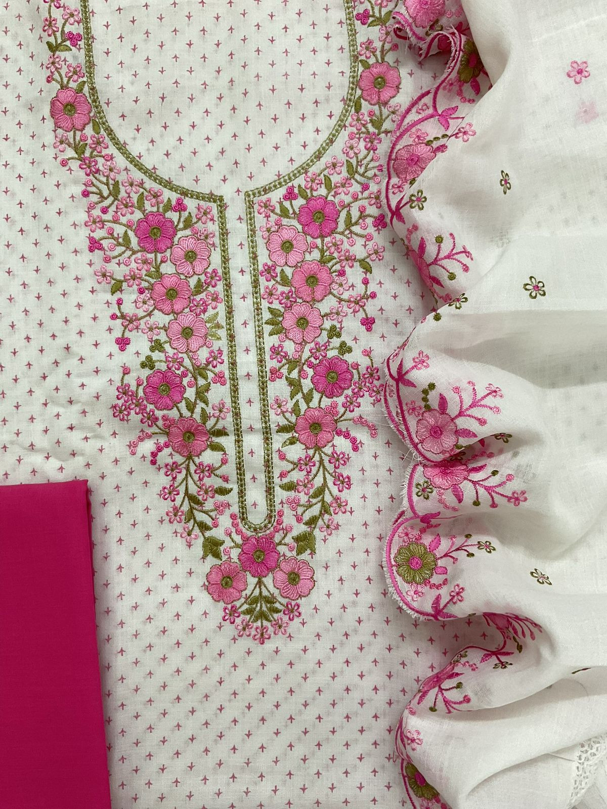 Soft Linen Jute Cotton Printed Embroidered Suit - White