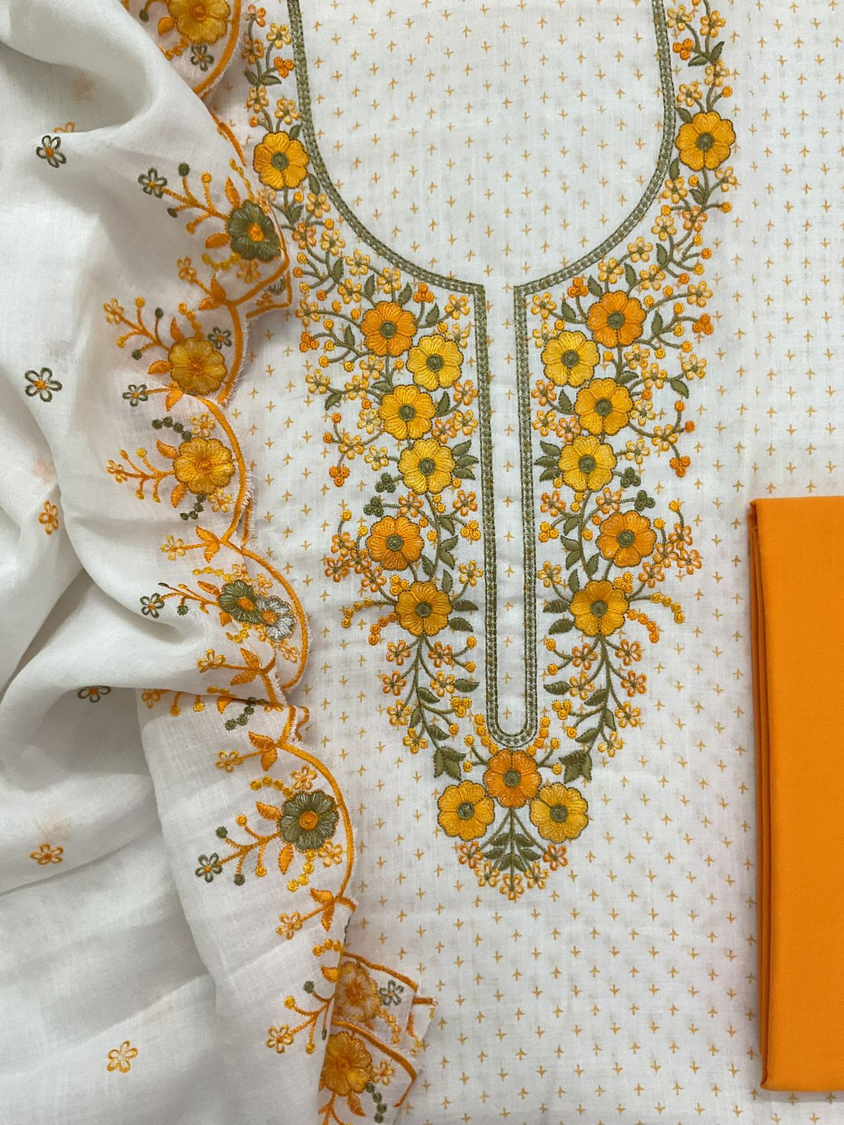 Soft Linen Jute Cotton Printed Embroidered Suit - White