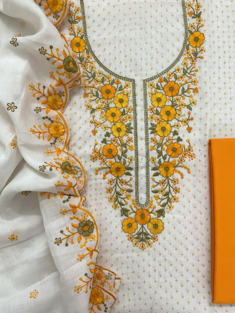 Image of Soft Linen Jute Cotton Printed Embroidered Suit - White