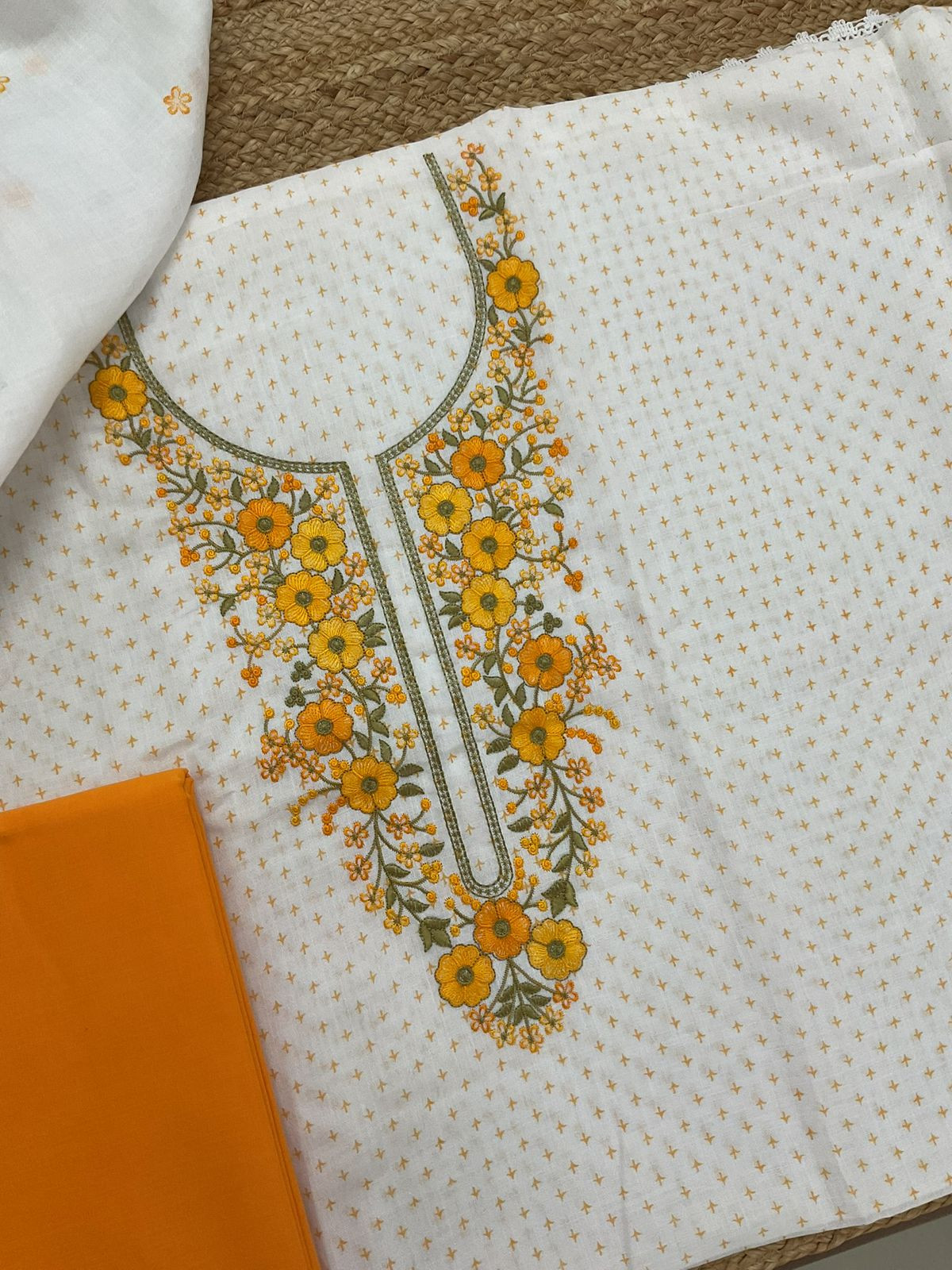 Soft Linen Jute Cotton Printed Embroidered Suit - White