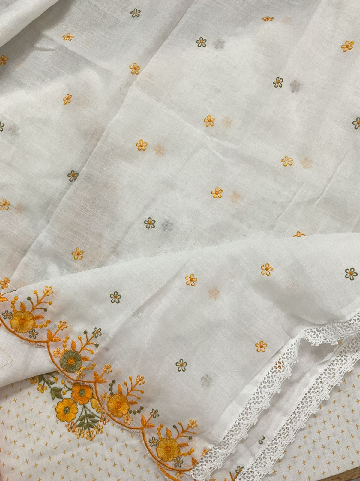 Soft Linen Jute Cotton Printed Embroidered Suit - White