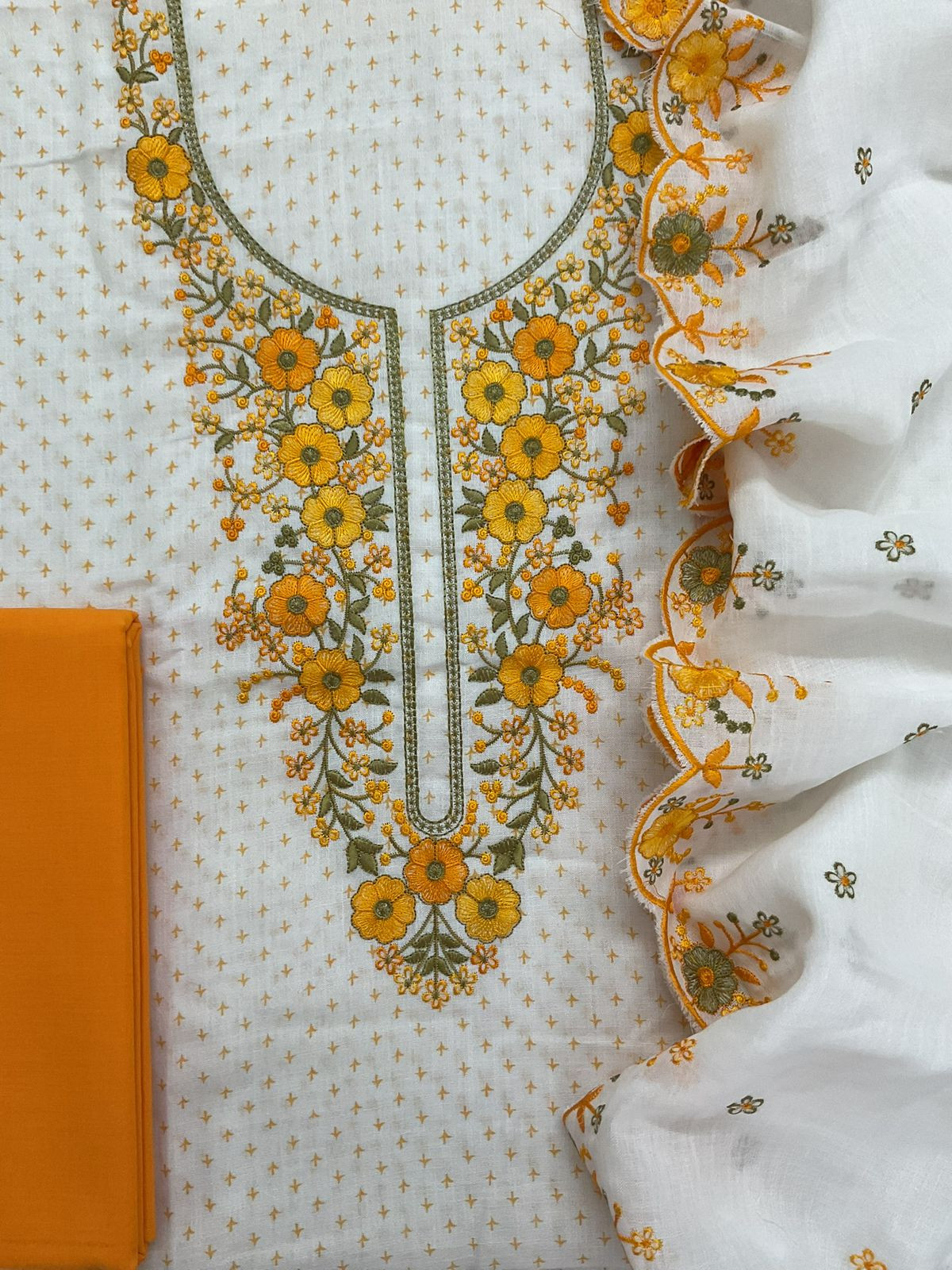 Soft Linen Jute Cotton Printed Embroidered Suit - White