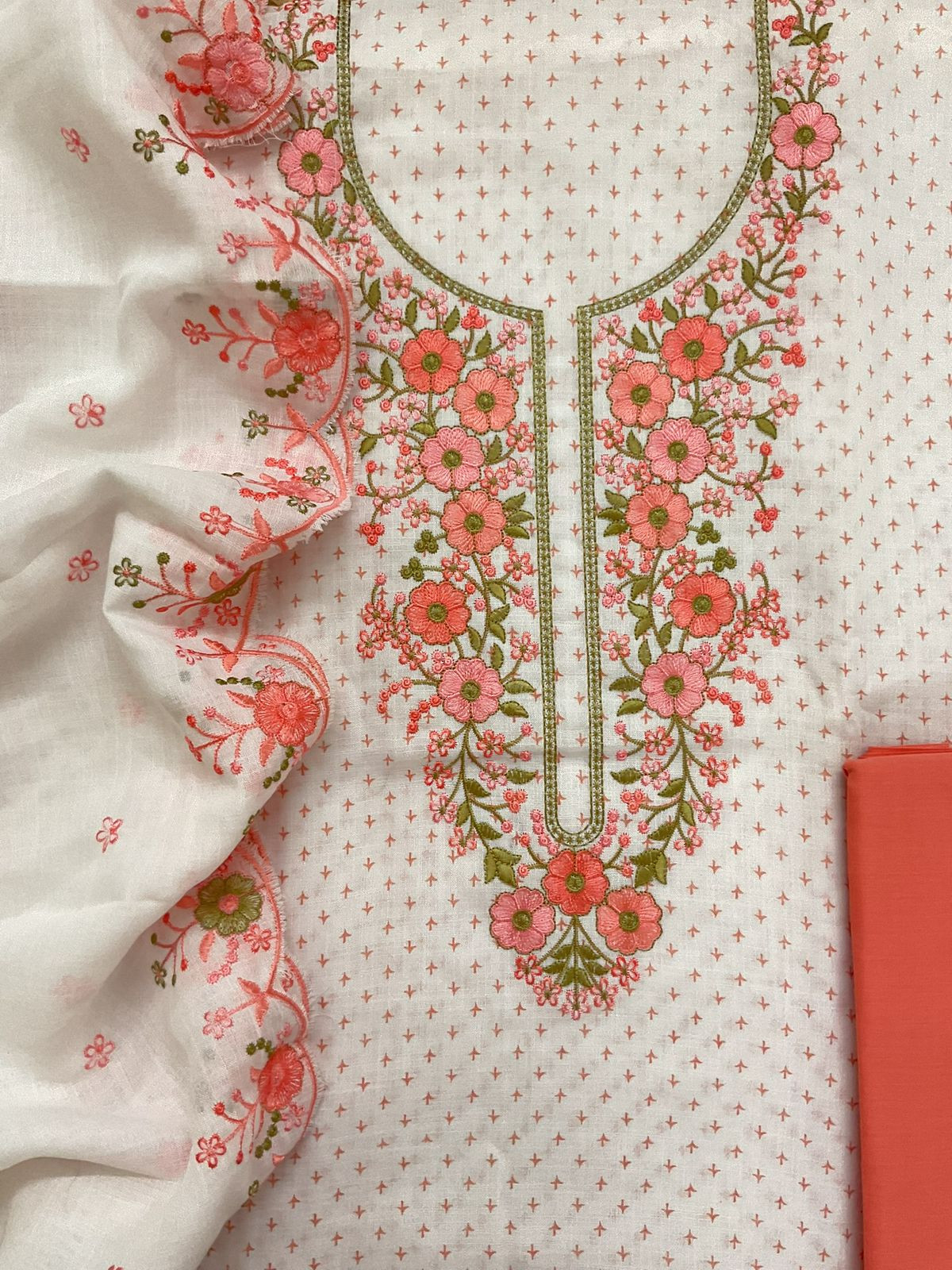 Soft Linen Jute Cotton Printed Embroidered Suit - White