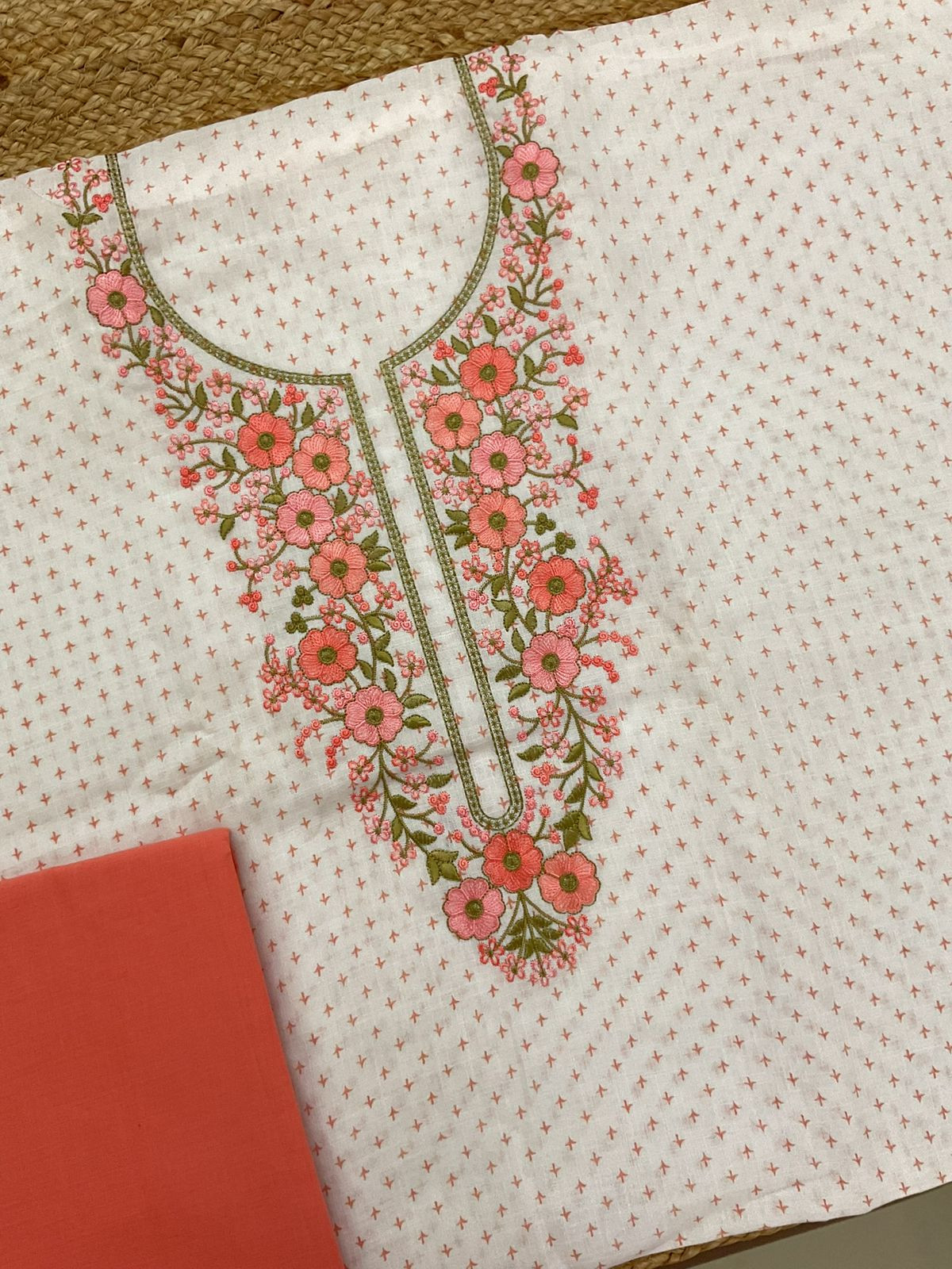 Soft Linen Jute Cotton Printed Embroidered Suit - White