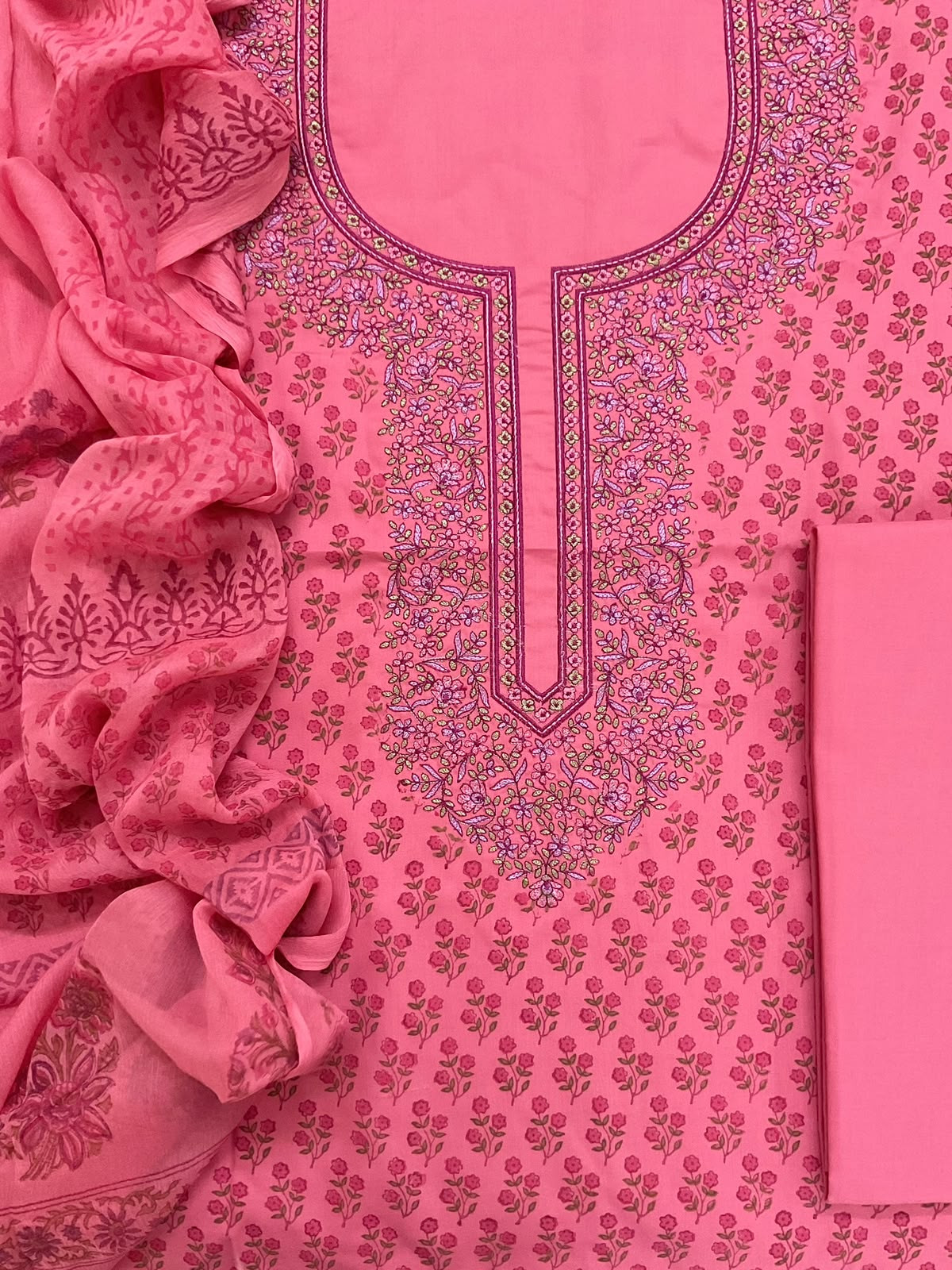 Pure Cotton Printed Embroidered Suit - Pink