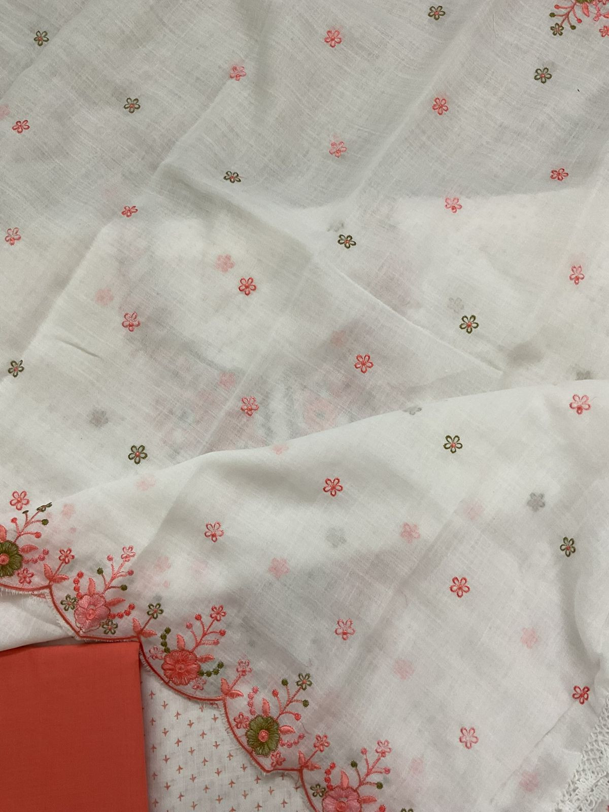 Soft Linen Jute Cotton Printed Embroidered Suit - White