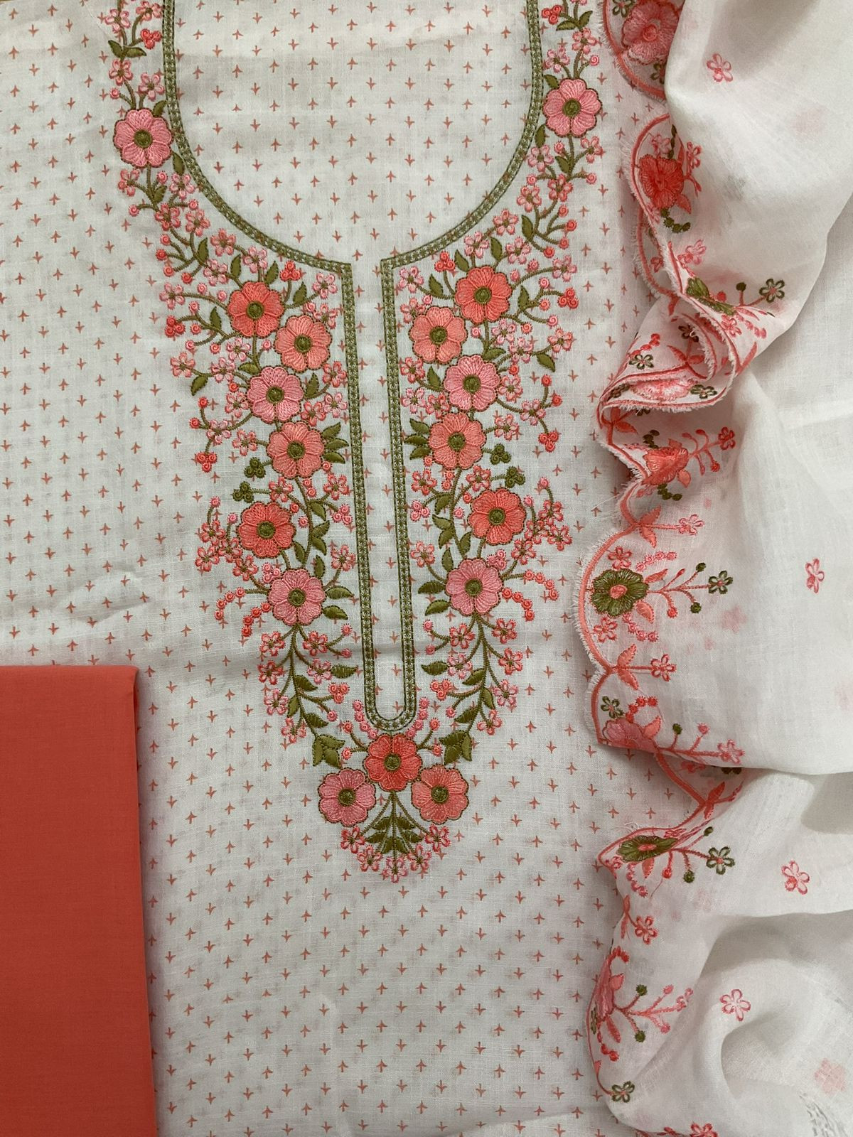 Soft Linen Jute Cotton Printed Embroidered Suit - White