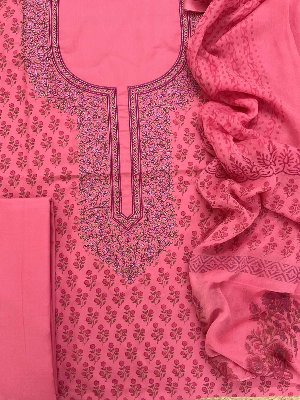 Pure Cotton Printed Embroidered Suit - Pink