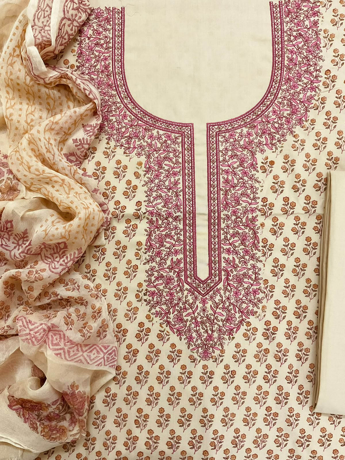 Pure Cotton Printed Embroidered Suit - Cream