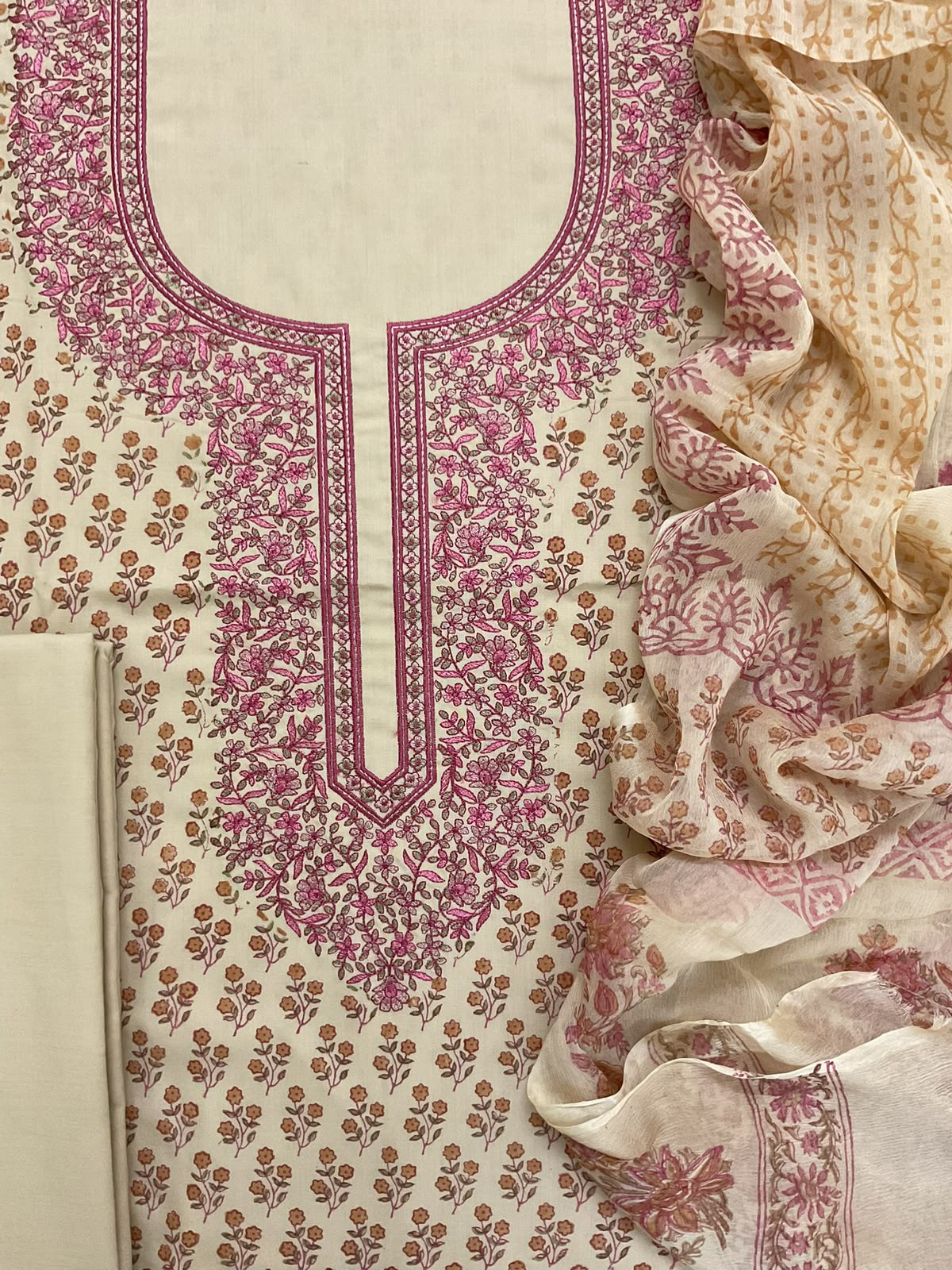 Pure Cotton Printed Embroidered Suit - Cream