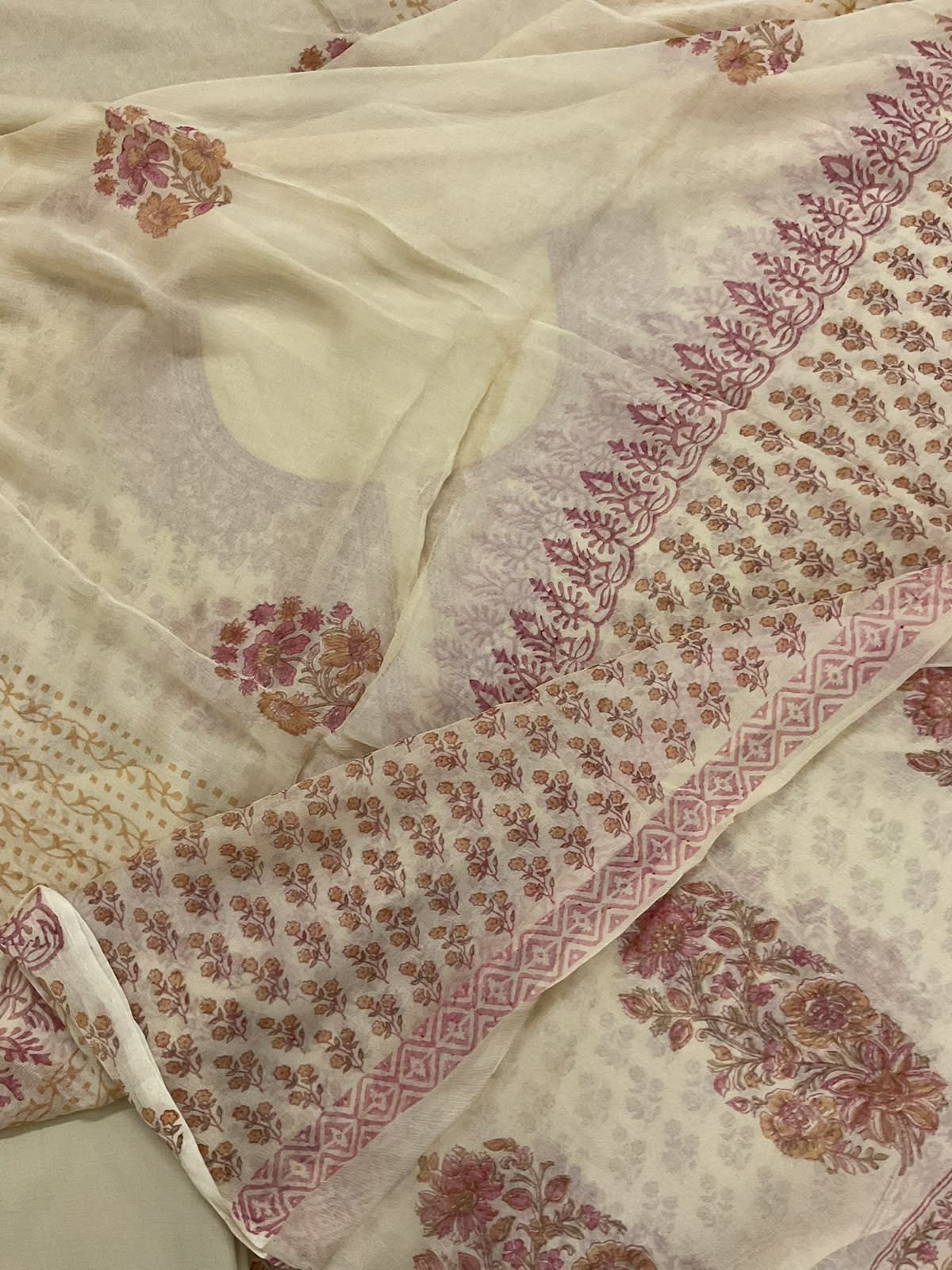 Pure Cotton Printed Embroidered Suit - Cream