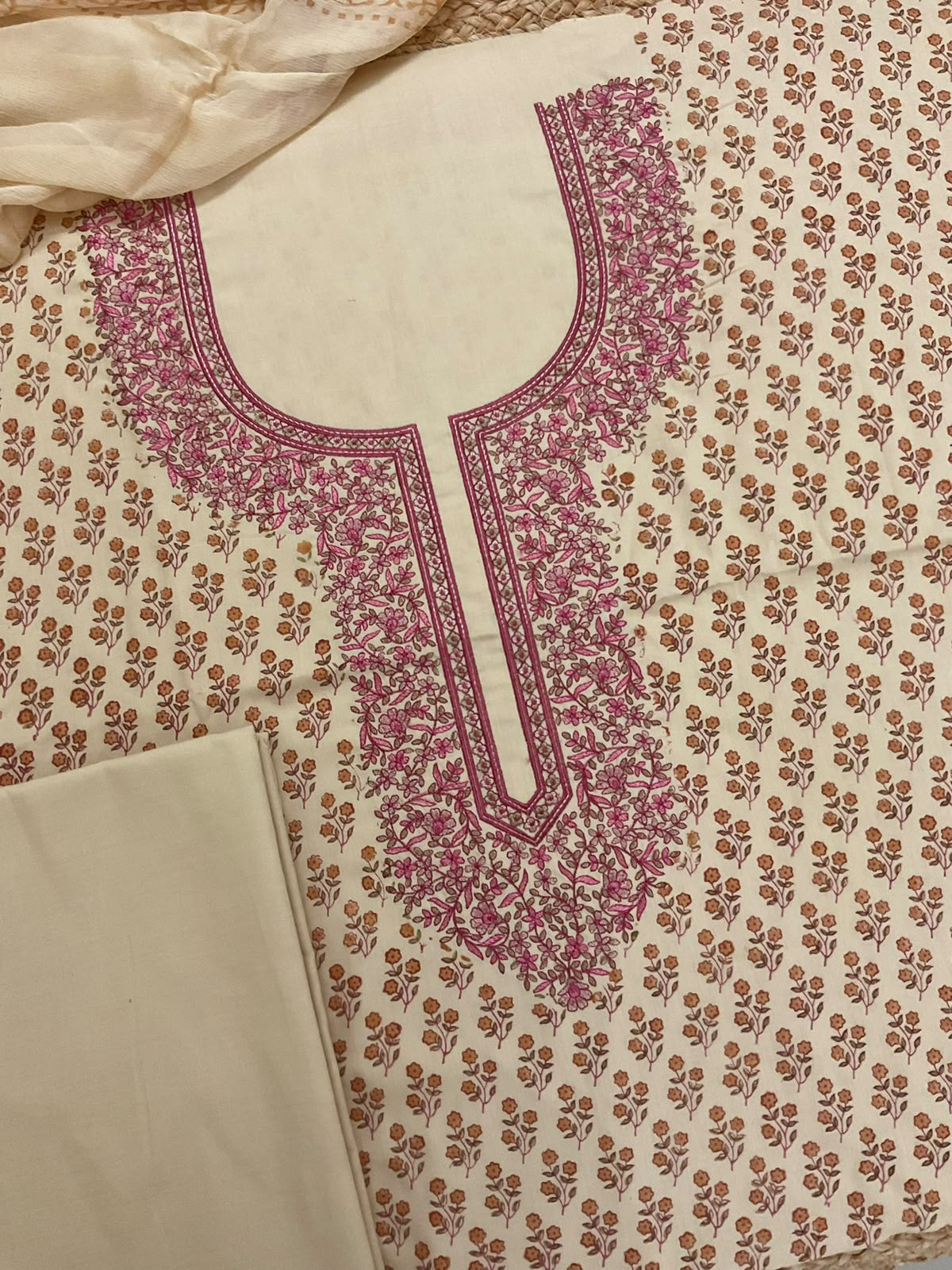 Pure Cotton Printed Embroidered Suit - Cream