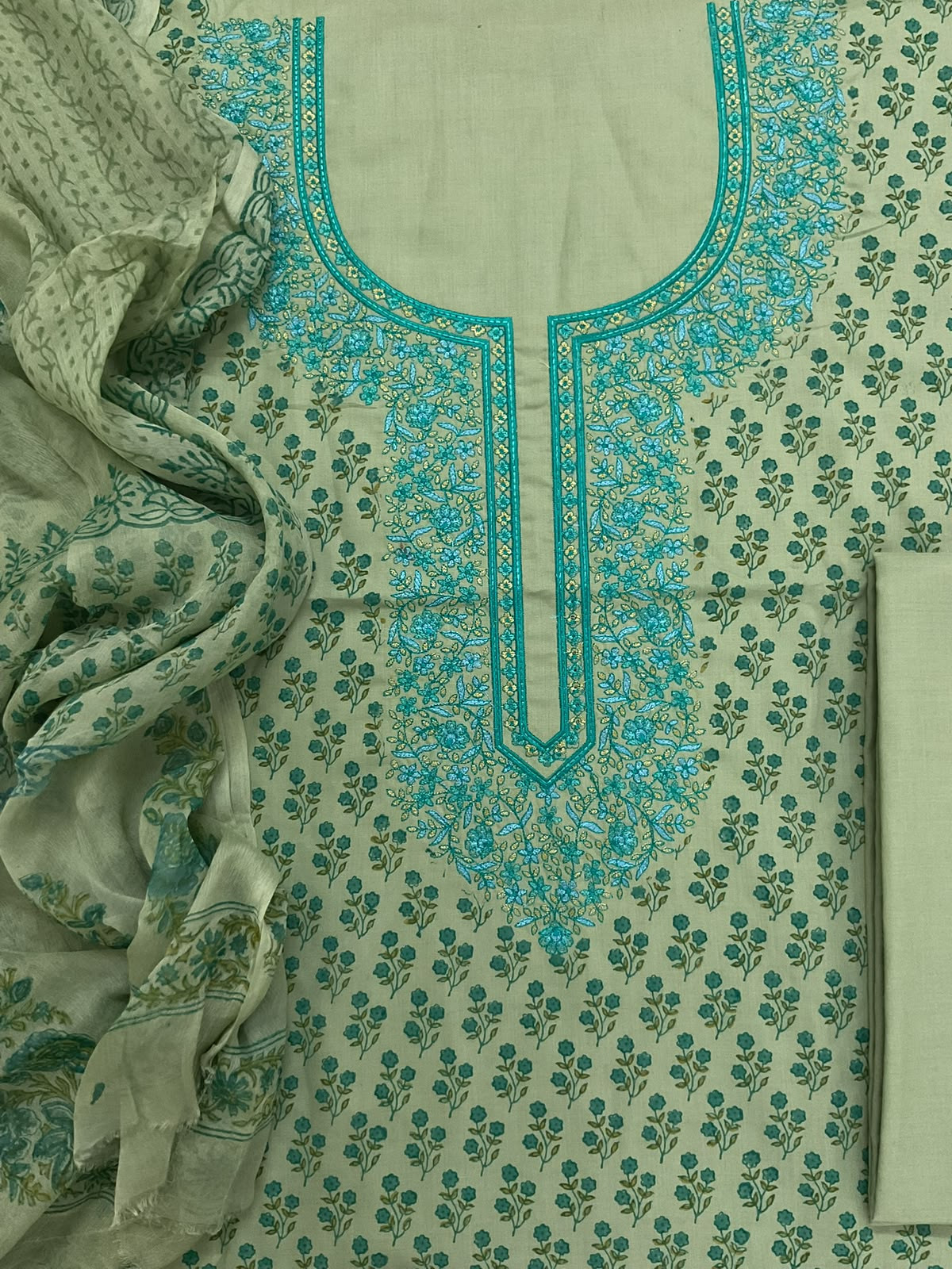Pure Cotton Printed Embroidered Suit - Green
