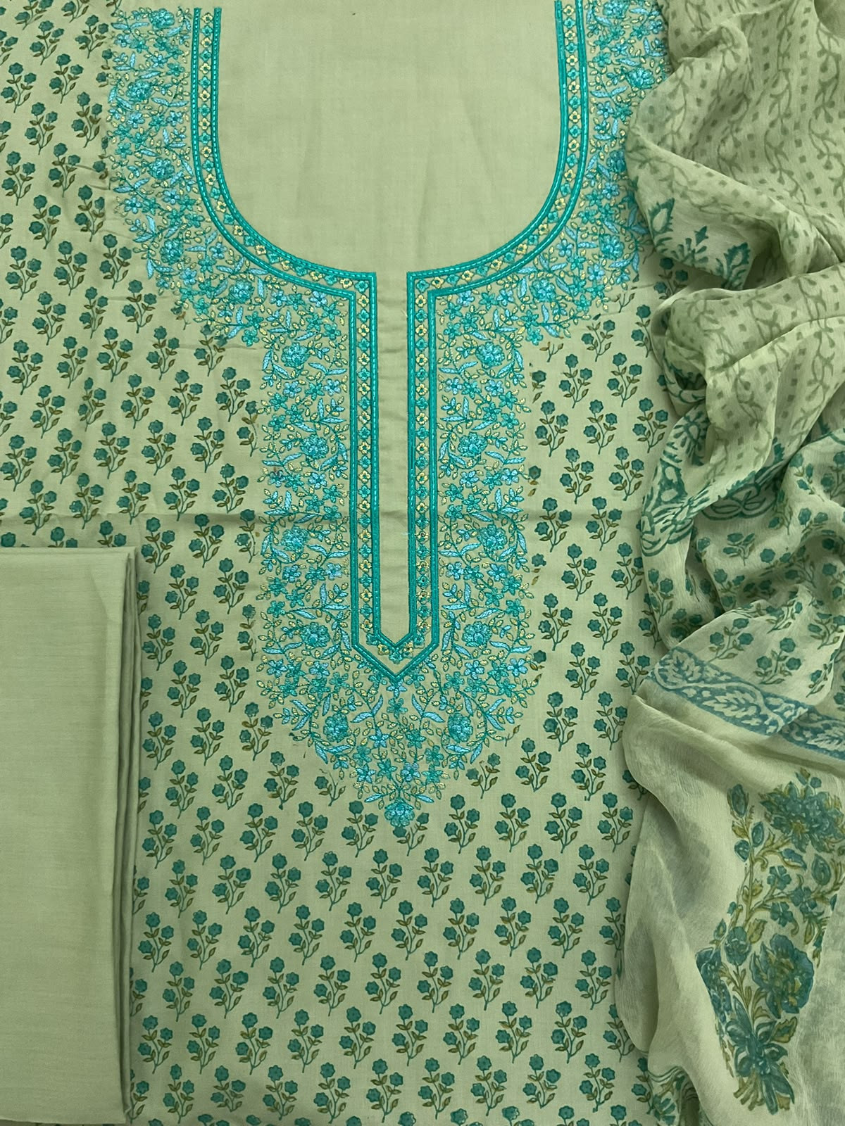 Pure Cotton Printed Embroidered Suit - Green