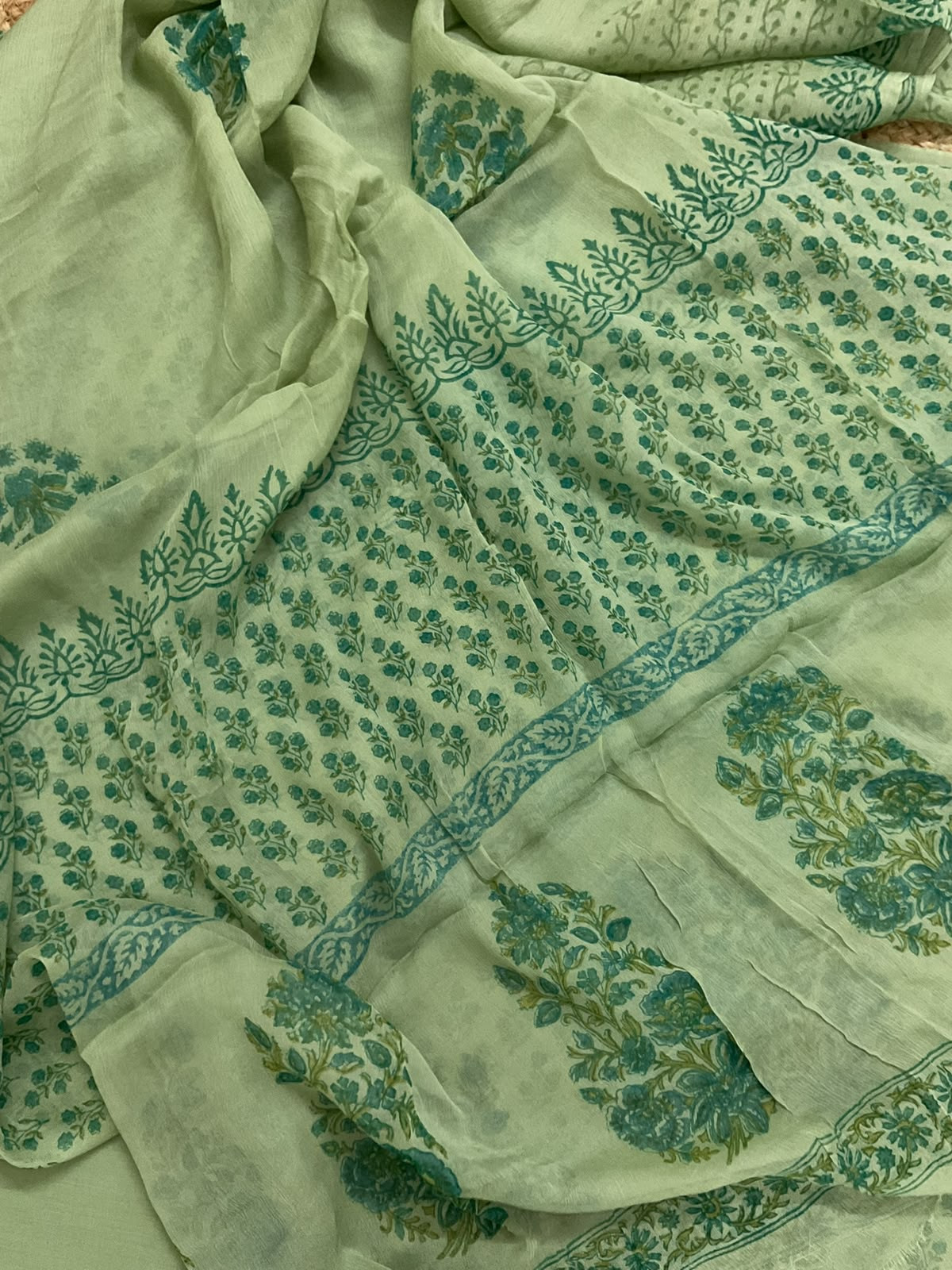 Pure Cotton Printed Embroidered Suit - Green